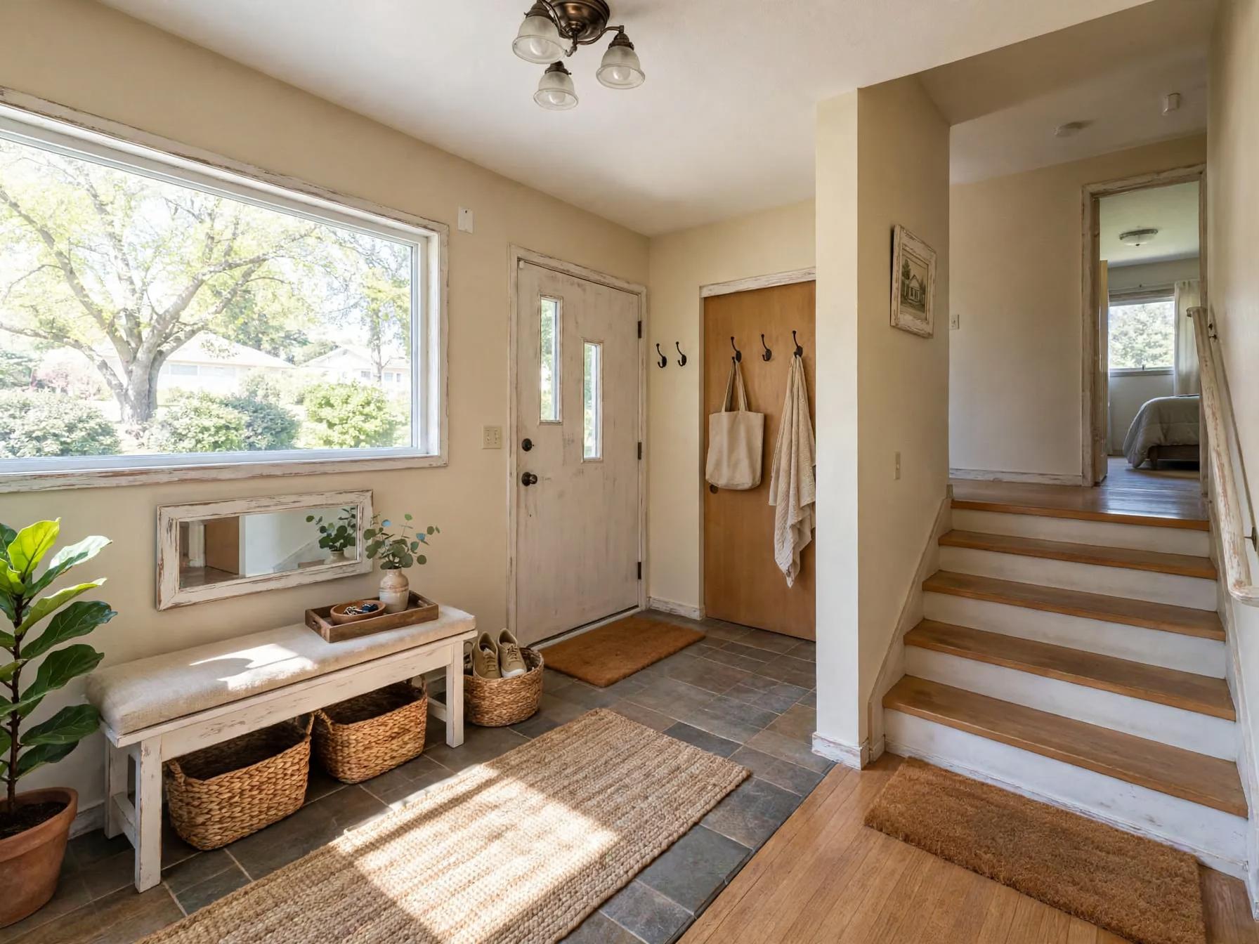 Farmhouse entryway after AI restyle by Renovaitor: Large window framed by a relaxed farmhouse entry vignette