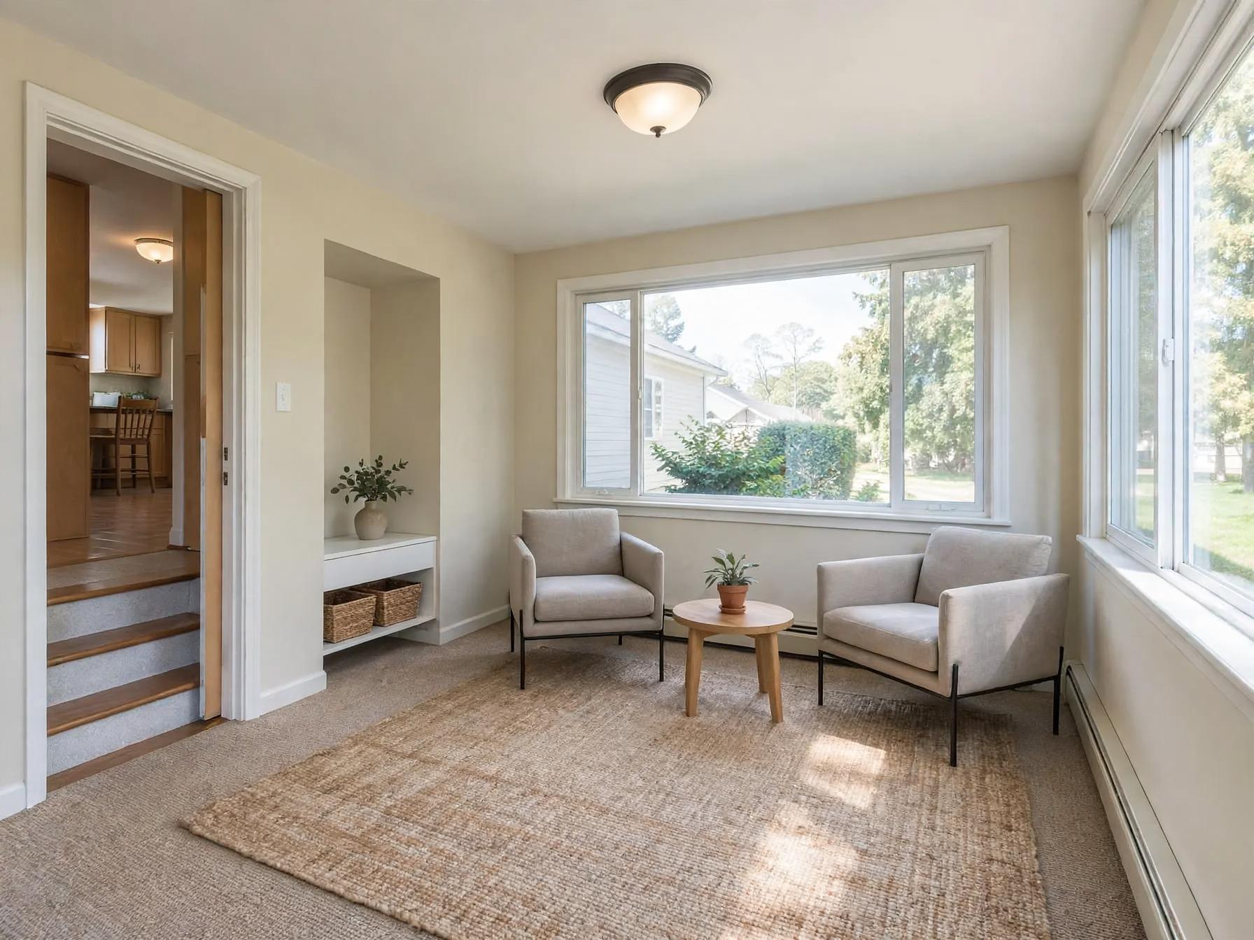 Minimalist sunroom after AI restyle by Renovaitor: Paired lounge chairs and woven rug anchor the sunroom refresh