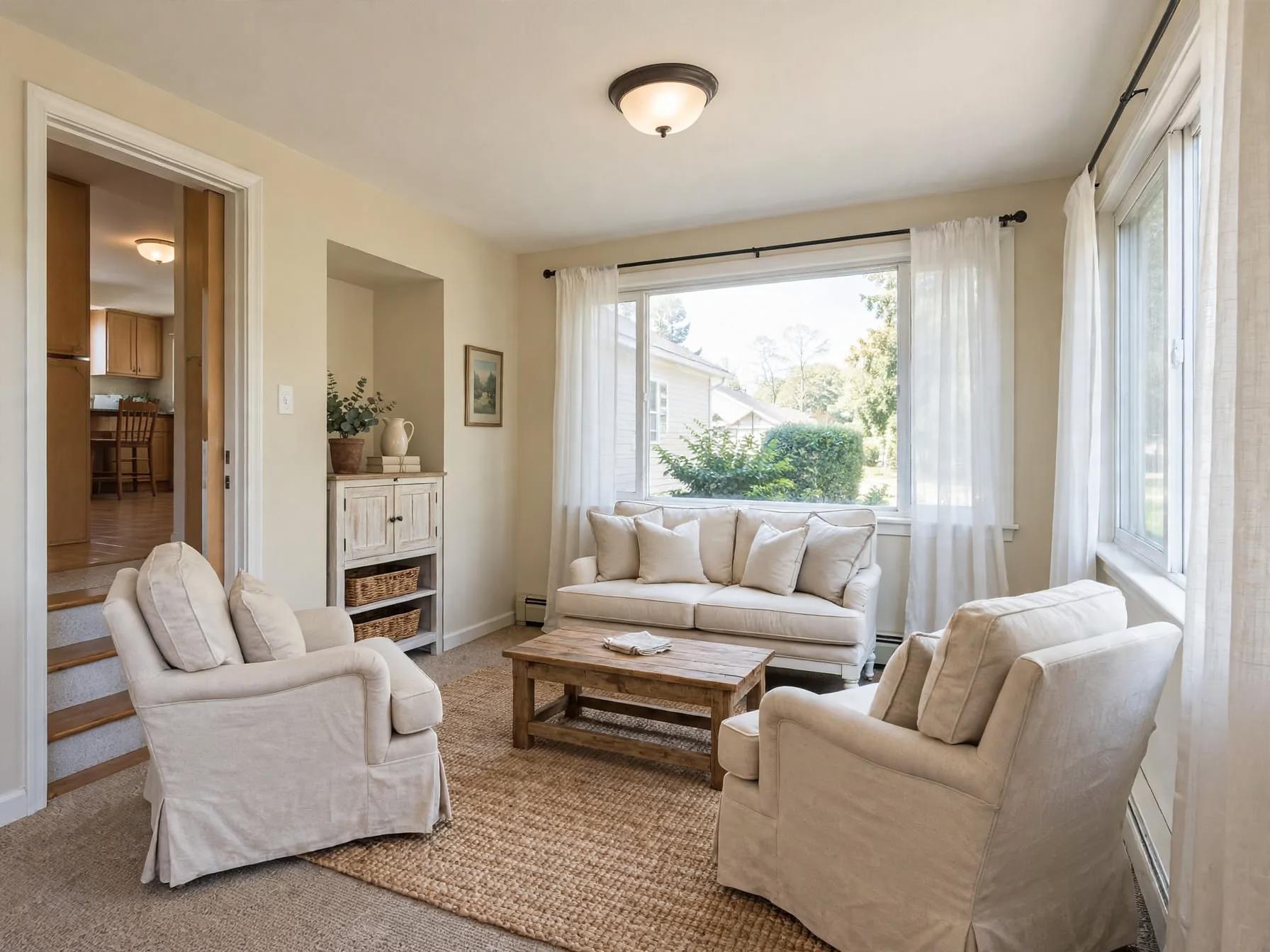 Farmhouse-style sunroom with slipcovered sofa and two armchairs around a wooden coffee table, woven rug, sheer curtains and a small distressed cabinet in the niche.