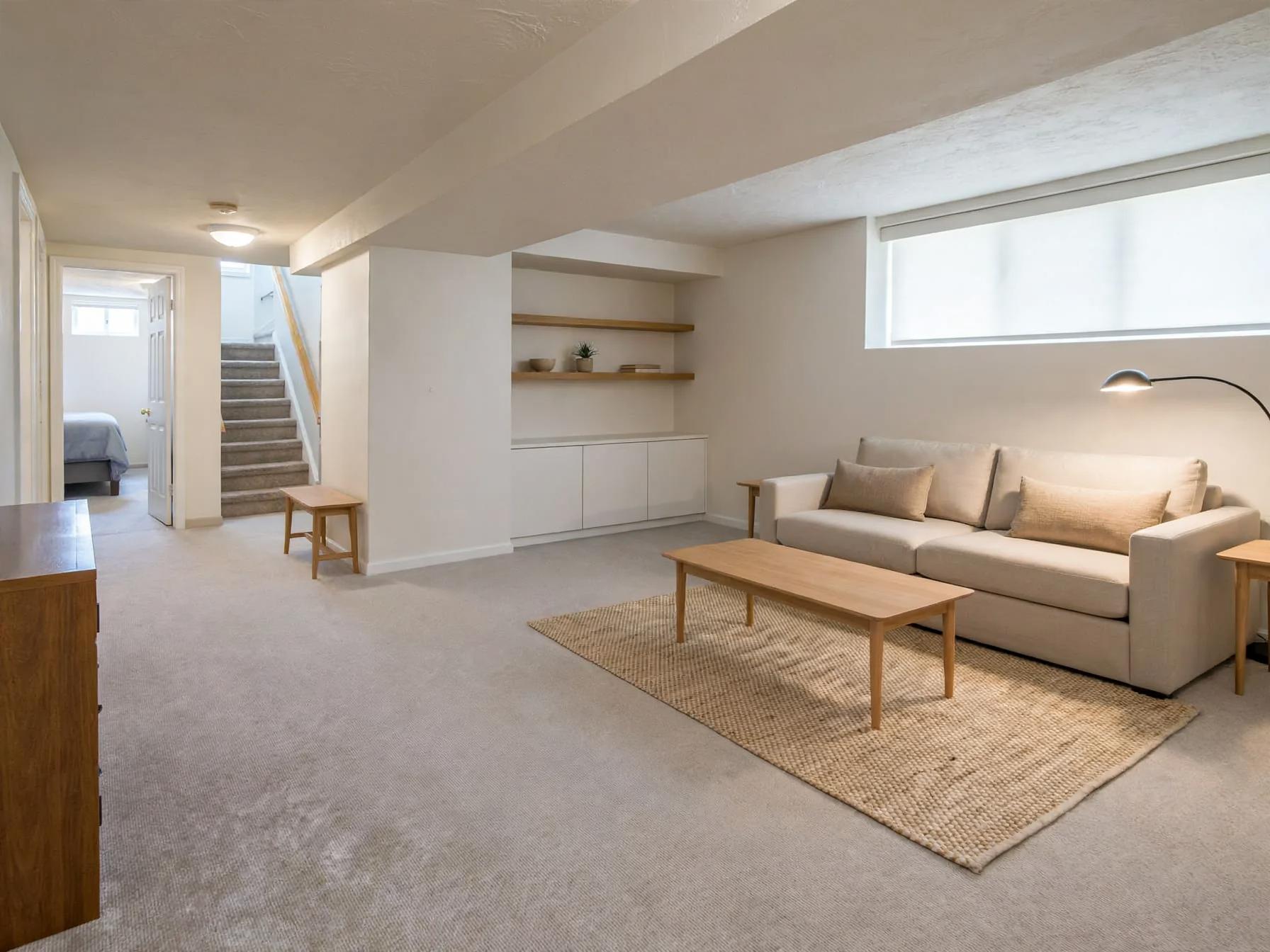 Minimalist basement after AI restyle by Renovaitor: Low horizontal window framed by a pared-back minimalist basement seating