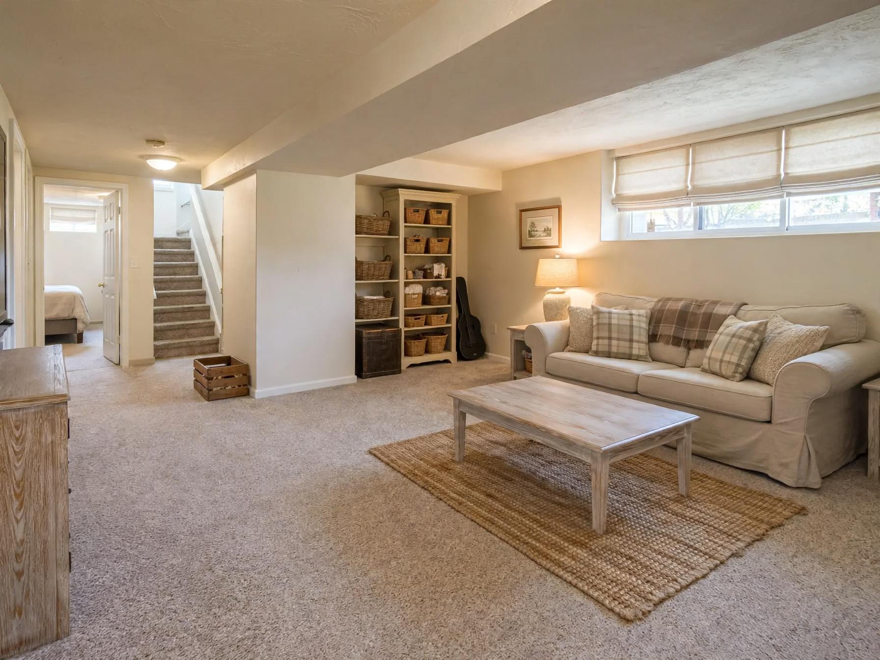 Same basement with pale slipcovered sofa, plaid pillows, woven jute rug under a light wood coffee table, roman shade and baskets filling the shelf niche