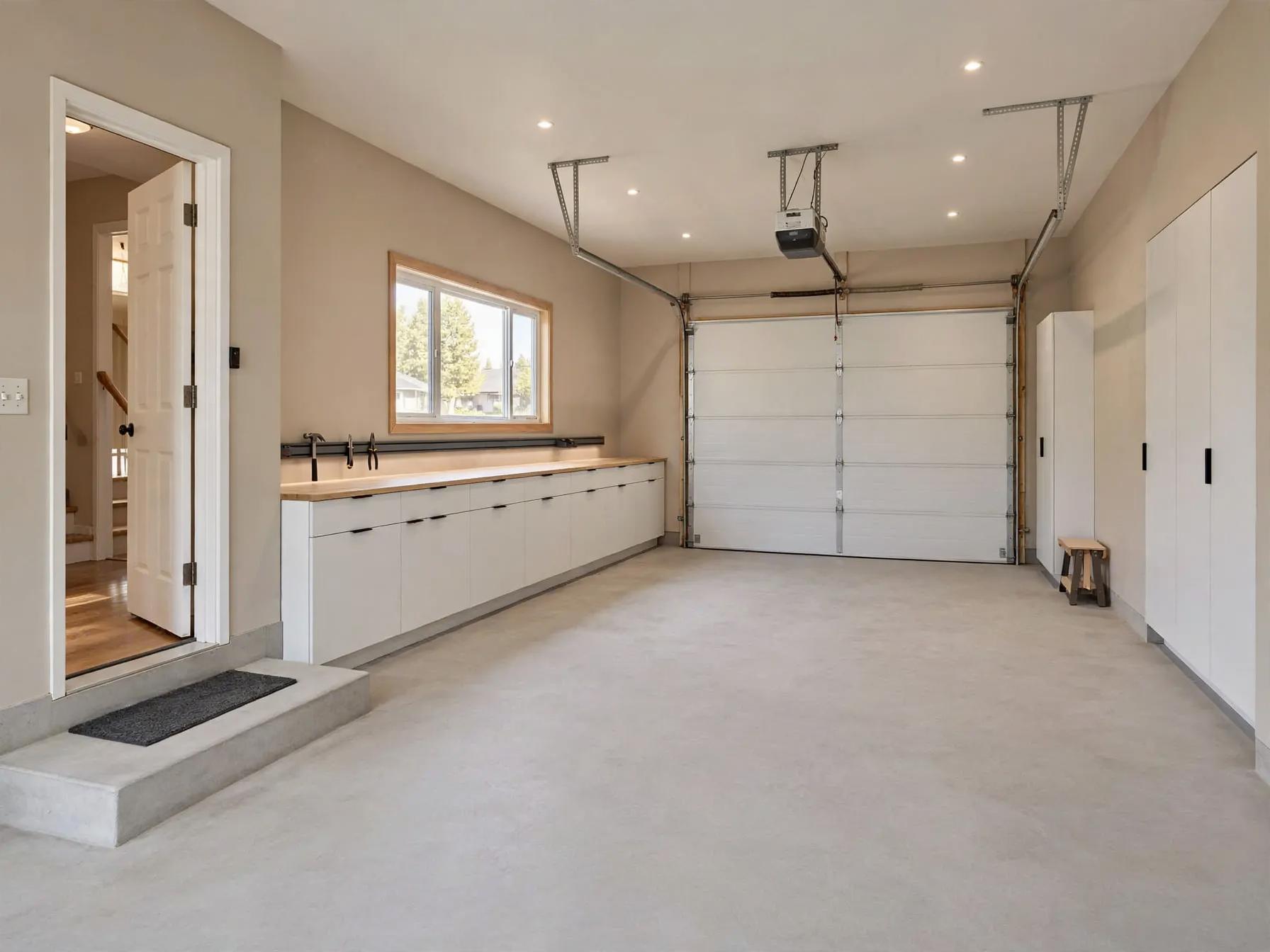 Garage with continuous low white cabinets and wood countertop under window, tall white storage cabinets on right, recessed ceiling lights