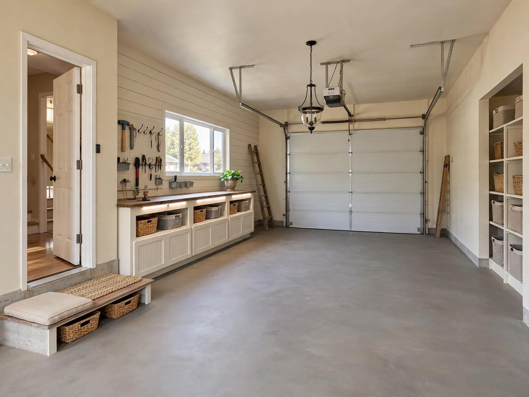 Farmhouse-style garage concept with horizontal shiplap wall, painted lower cabinets with wicker baskets, stained wood countertop, pendant lantern and cushioned bench by the door.