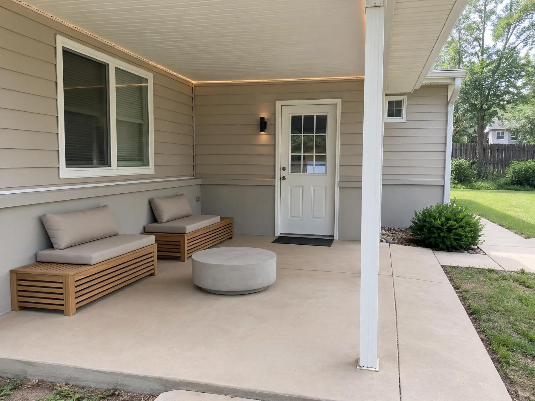 Minimalist outdoor after AI exterior redesign by Renovaitor: Neutral covered patio with slatted bench seating and round concrete ottoman