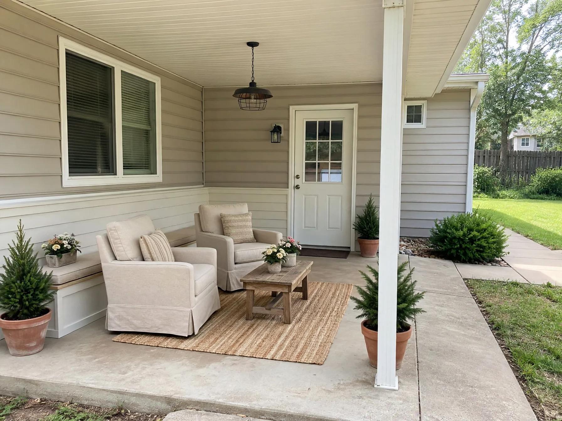 Farmhouse outdoor after AI exterior redesign by Renovaitor: Cozy farmhouse covered patio with slipcovered chairs and potted evergreens