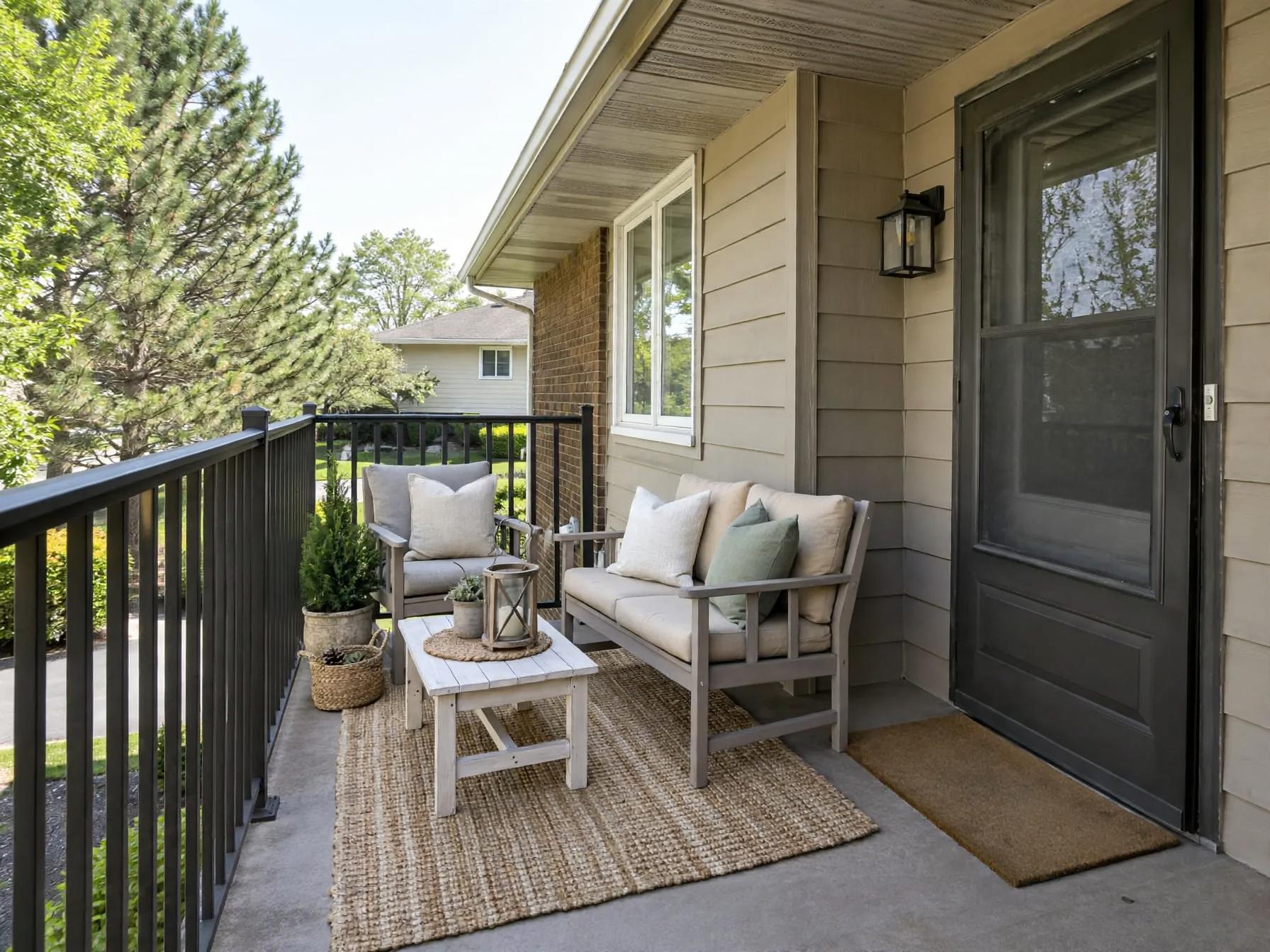 Farmhouse outdoor after AI exterior redesign by Renovaitor: Cozy farmhouse balcony with woven jute rug and linen seating