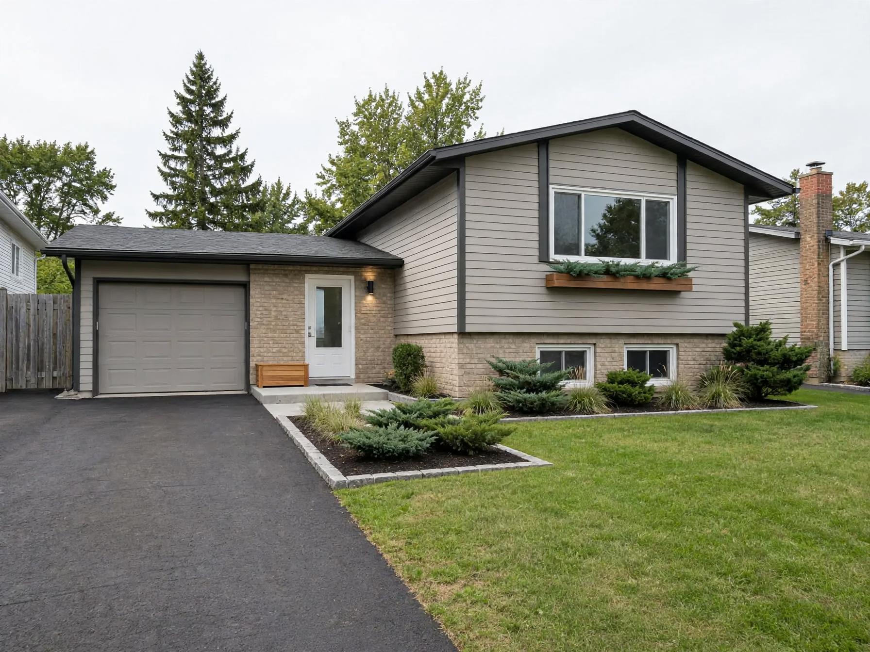 Same split-level exterior with dark trim emphasizing the gable, added wooden windowbox, defined paver edging, low evergreen shrubs and fresh asphalt driveway.
