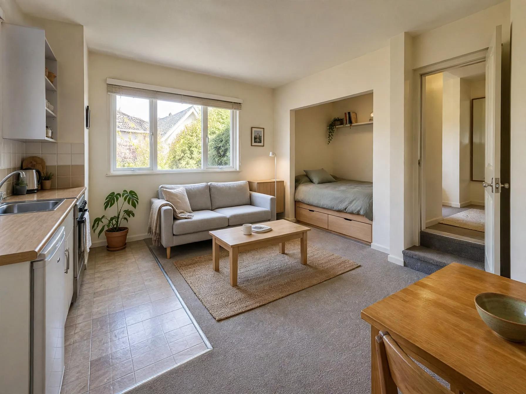 Same studio arranged with a lighter gray sofa, added under-bed drawers in the alcove, narrow wooden bedside cabinet and coordinated wood coffee table.