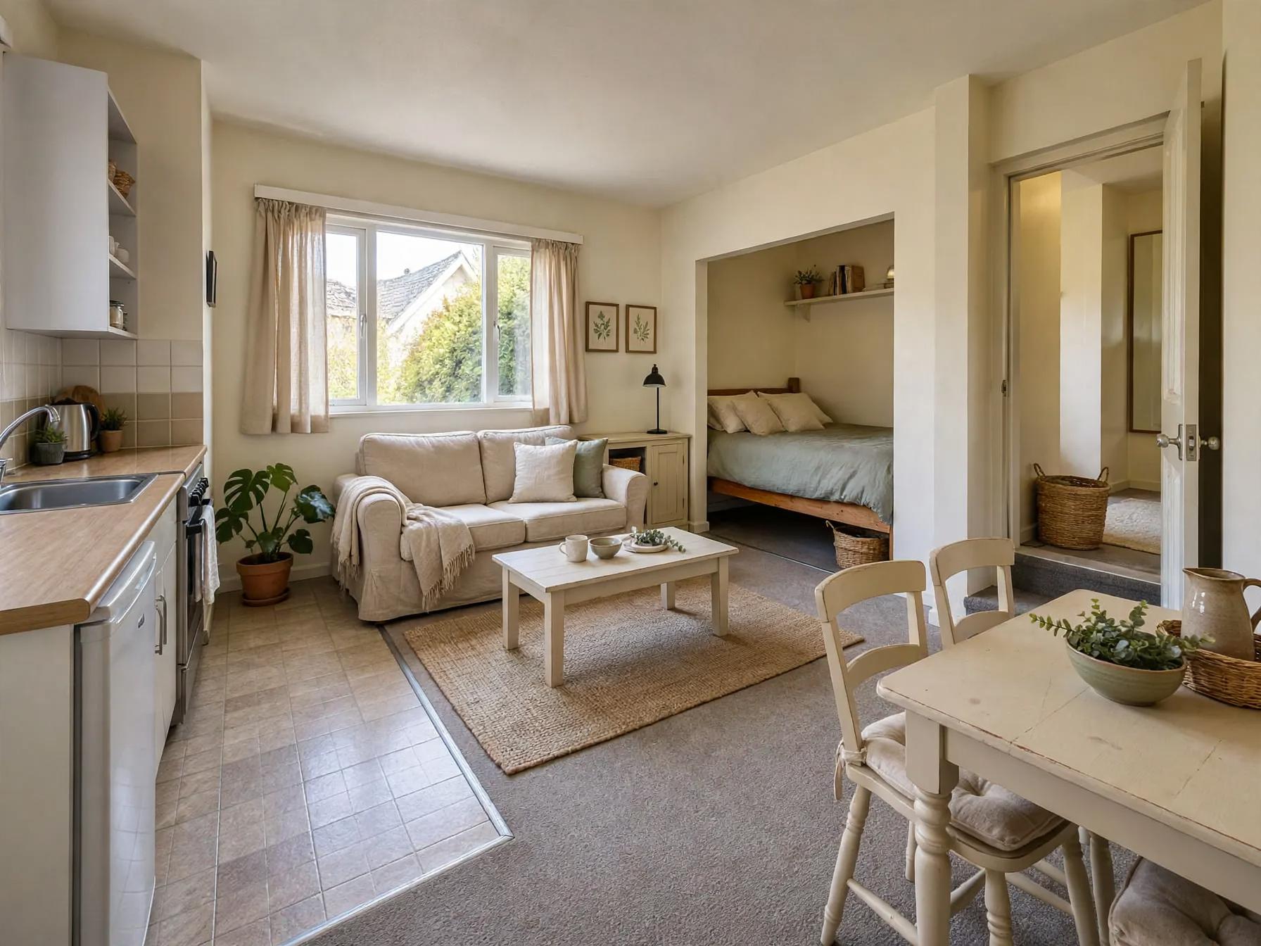 Same studio with pale slipcovered sofa, light curtains, painted white coffee table, small dining set near doorway, framed prints and a shelf styling the alcove bed.