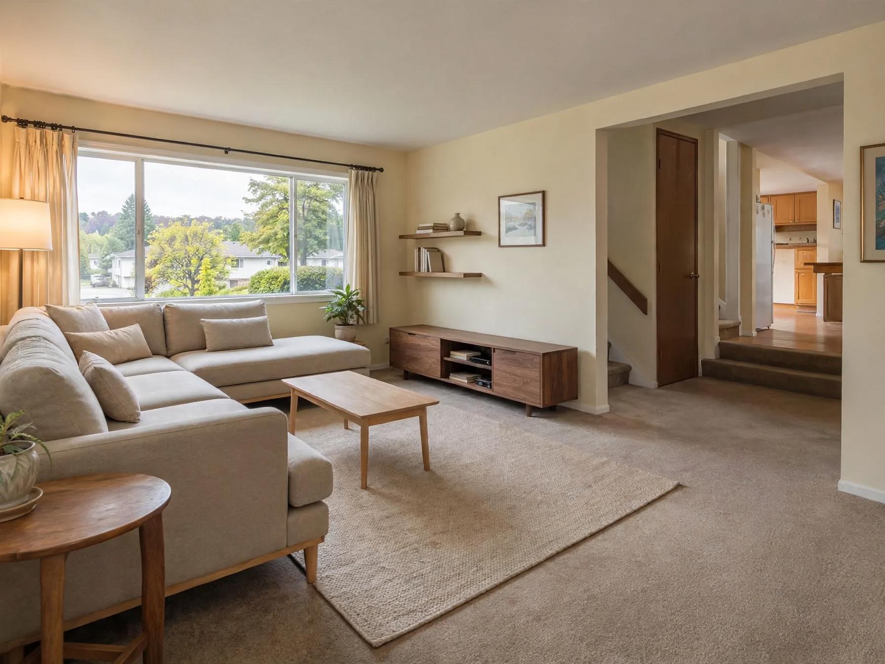Minimalist living room after AI restyle by Renovaitor: Large window living area refreshed with low-profile wood furniture