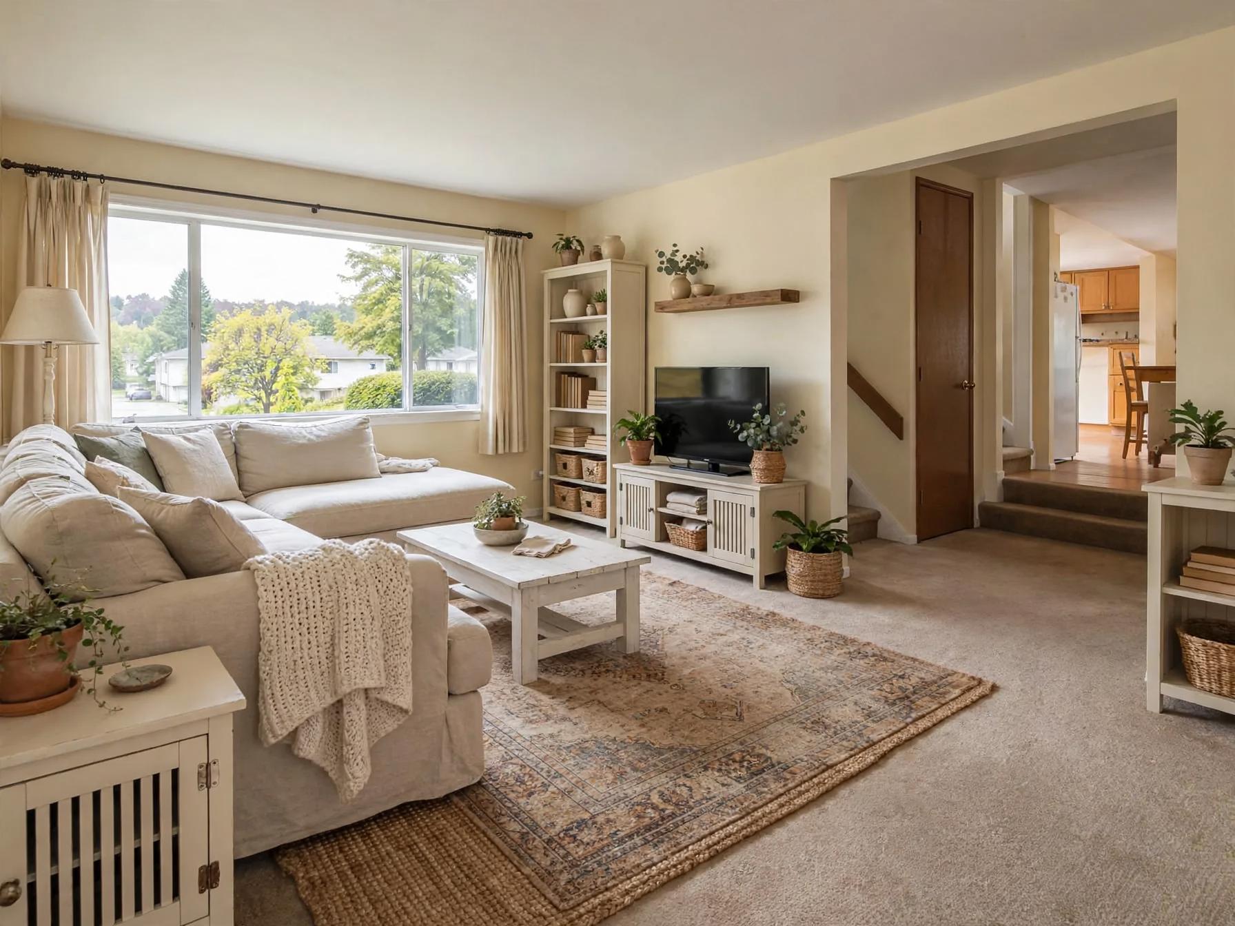 Farmhouse living room after AI restyle by Renovaitor: Bright neutral farmhouse living room with layered rattan and white furniture