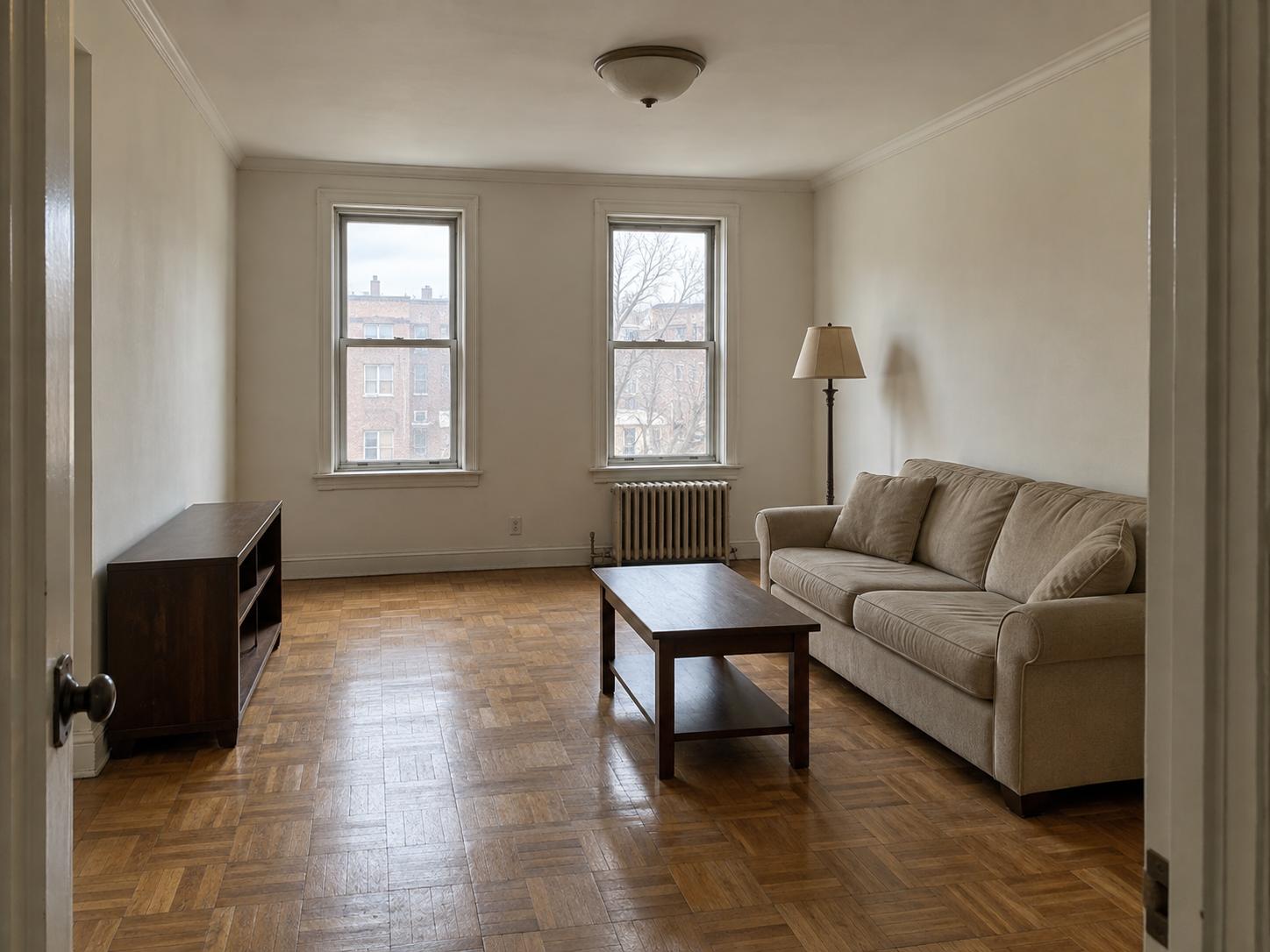 Sparsely furnished living room with beige sofa, small coffee table, wooden media stand and two windows above a radiator.