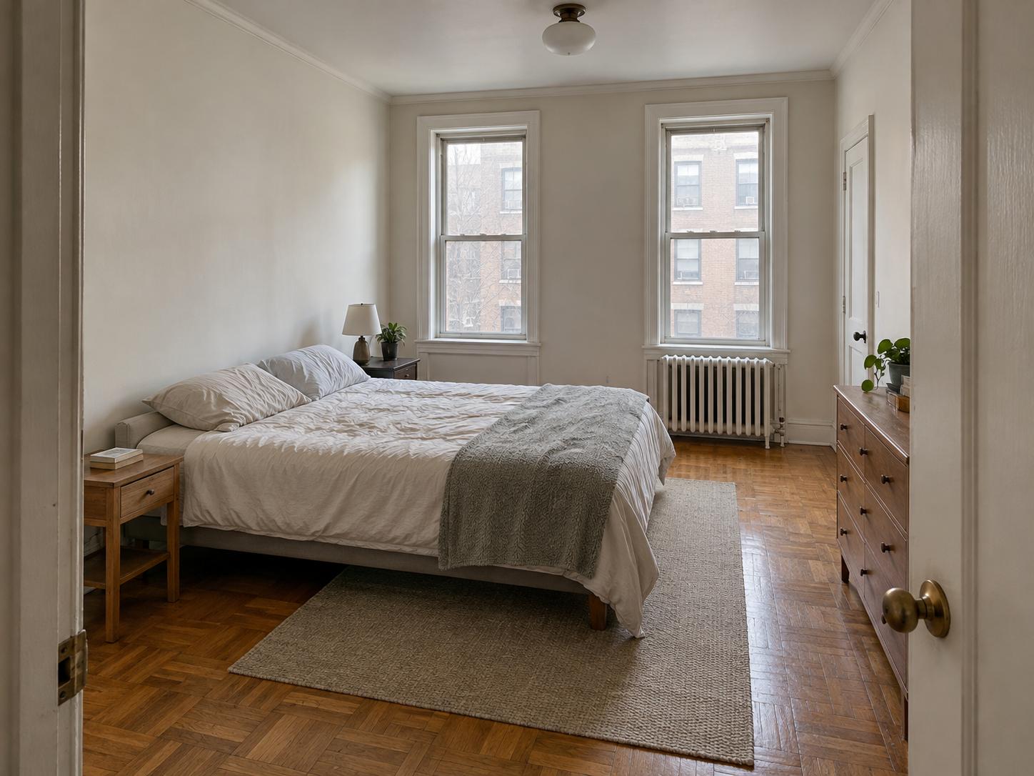 Simple bedroom with low bed, single small wooden nightstand and lamp, two tall windows and radiator, parquet floor and neutral rug.