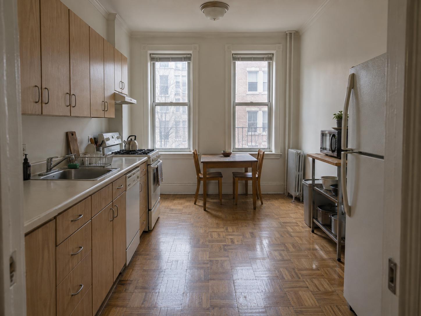 Long galley kitchen with upper wood cabinets, laminate counter, stove, small table between two tall windows and metal shelving by the fridge