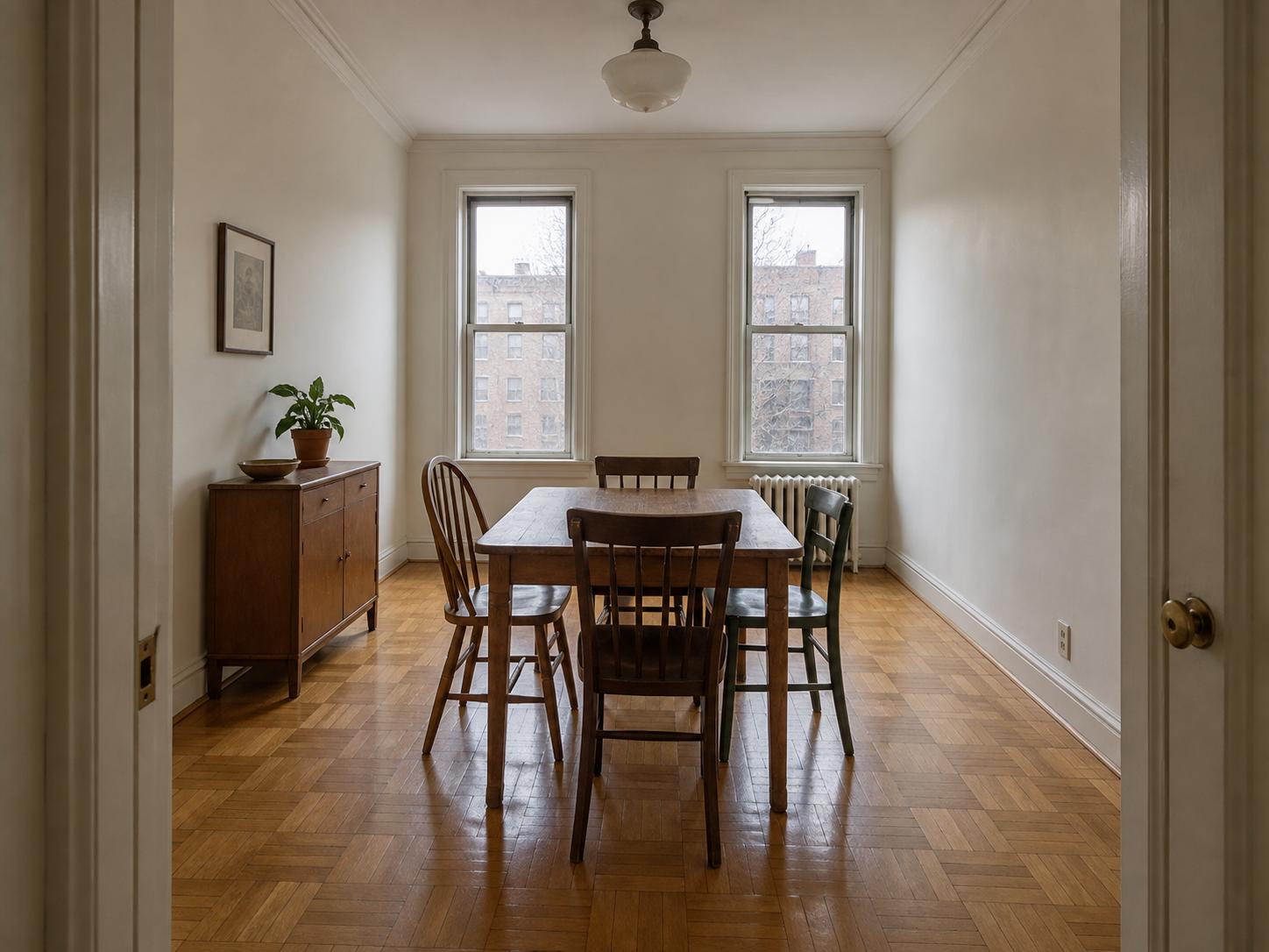 Narrow dining room with wooden table, mixed chairs, small sideboard left, two tall windows and parquet floor.