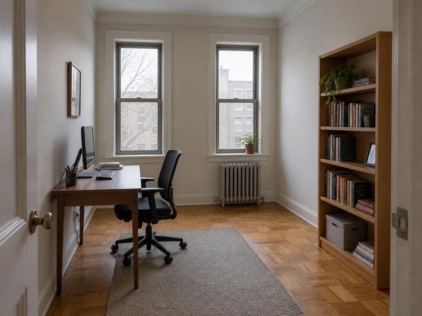 Compact home office with two tall windows, wooden desk, black ergonomic chair, bookshelf and parquet floor.