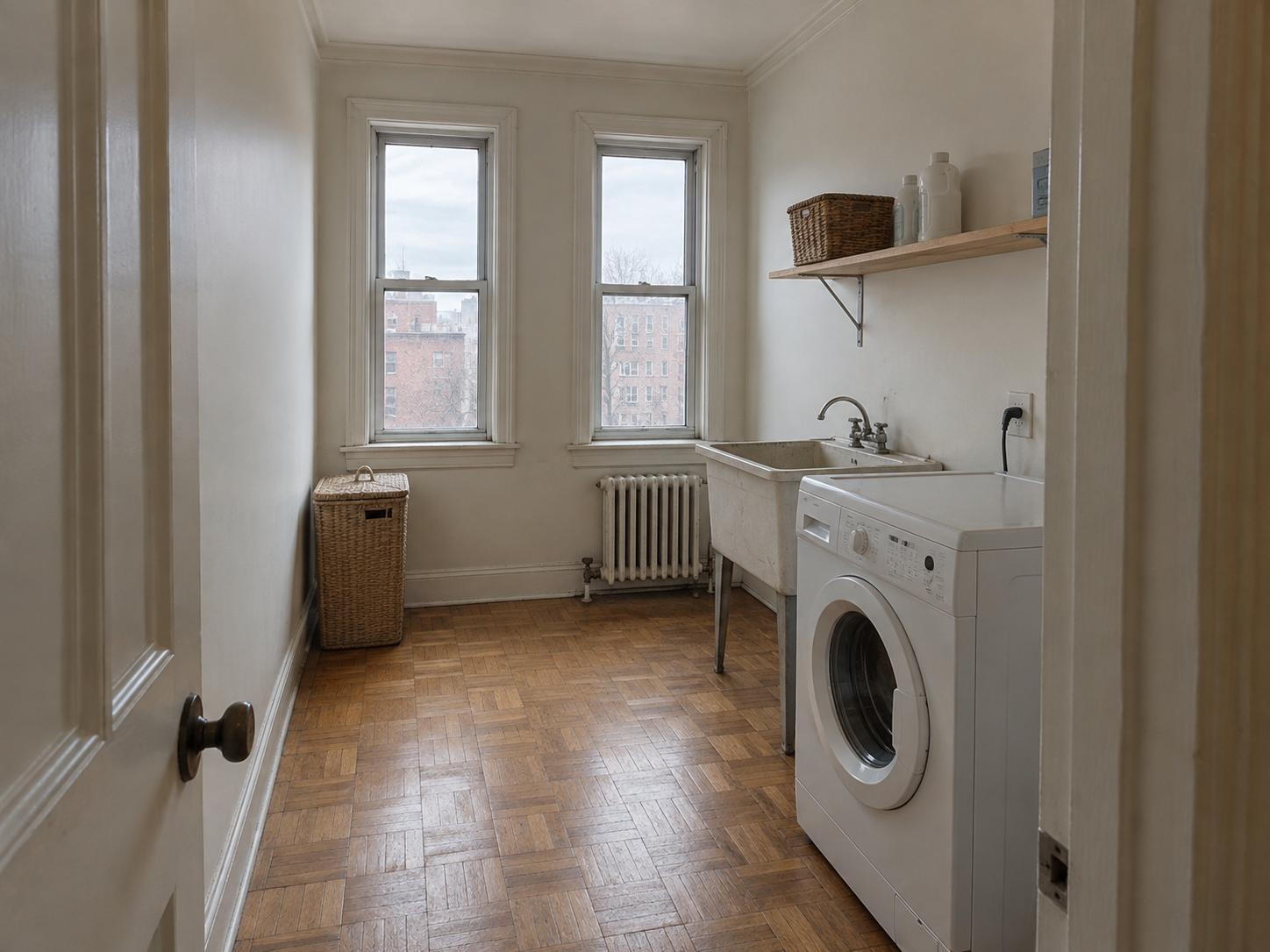 Narrow laundry room with freestanding front-load washer, metal-legged utility sink, single wall shelf, two tall windows and parquet floor.