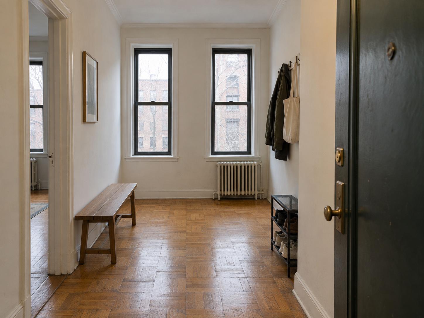 Narrow apartment entryway with parquet floors, simple wooden bench left, two tall windows, radiator under windows, small metal shoe rack right.