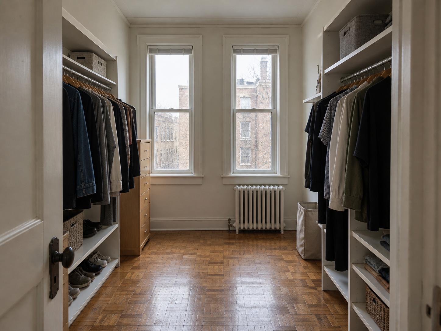 Narrow walk-in closet with twin sash windows, white open shelving, hanging clothes, a tall dresser and parquet floor.