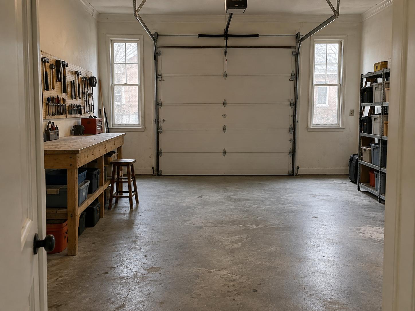 Older urban garage with long wooden workbench on left, pegboard with tools, metal shelving with bins on right, concrete floor and closed sectional garage door
