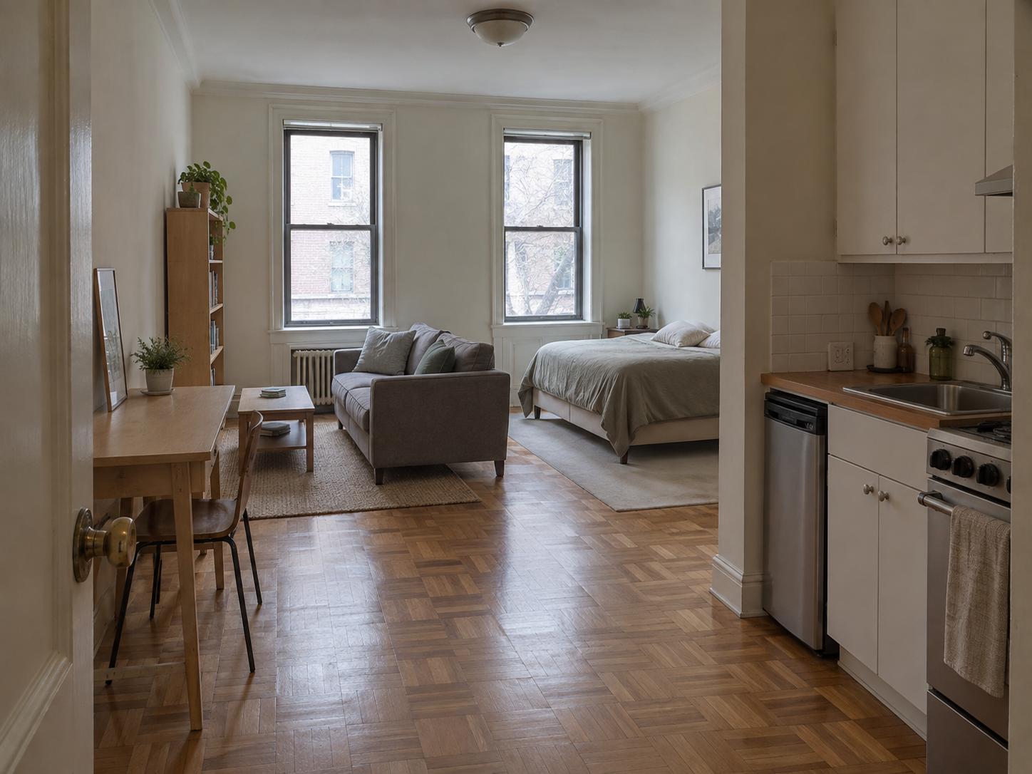 Compact studio with grey sofa between two windows, bed at far wall, desk and bookshelf on left, parquet floor and radiator visible
