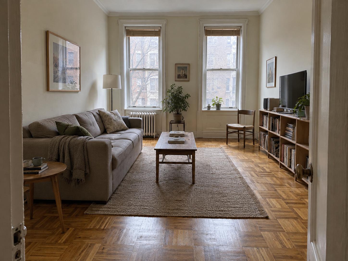 Neutral living room with gray sofa, slim coffee table, braided rug, parquet floor and two tall windows.
