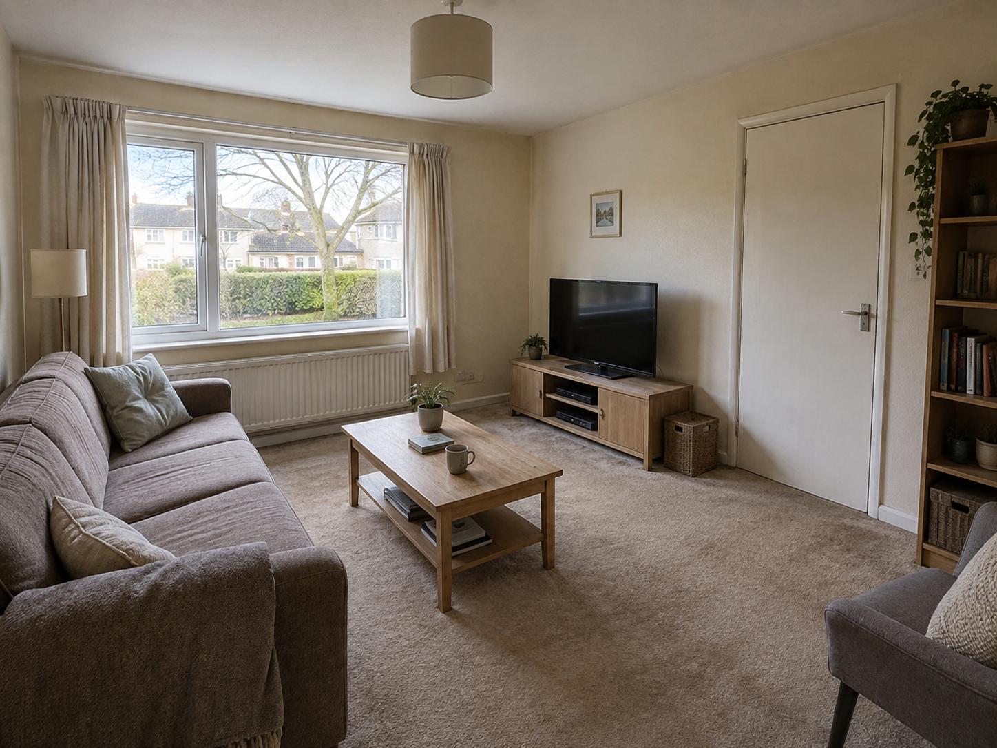 Compact living room with large front window, beige carpet, neutral sofa, wooden coffee table and TV on low wooden unit.