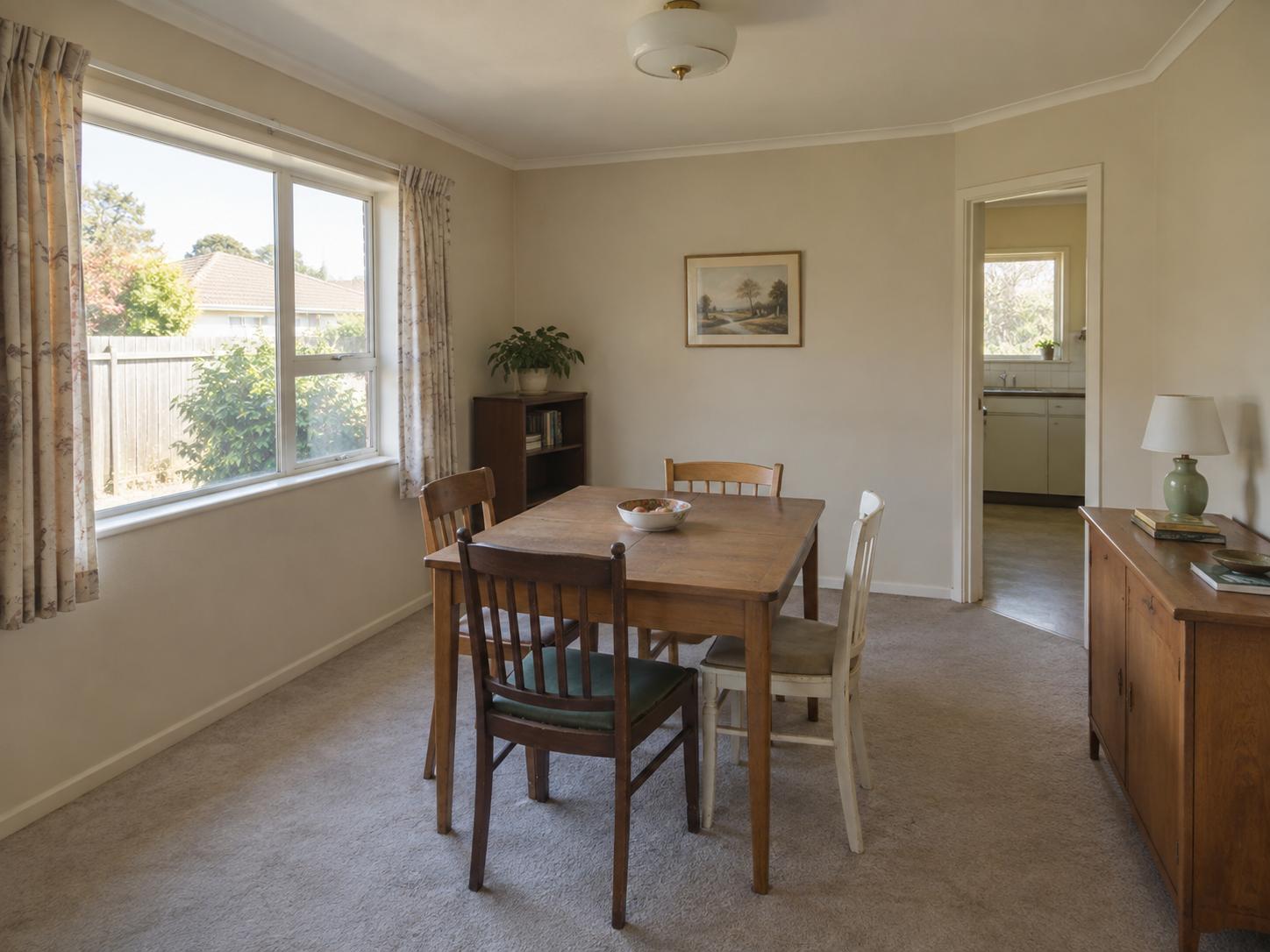 Compact dining room with large garden window, mixed wooden chairs, patterned curtains and small wooden sideboard.
