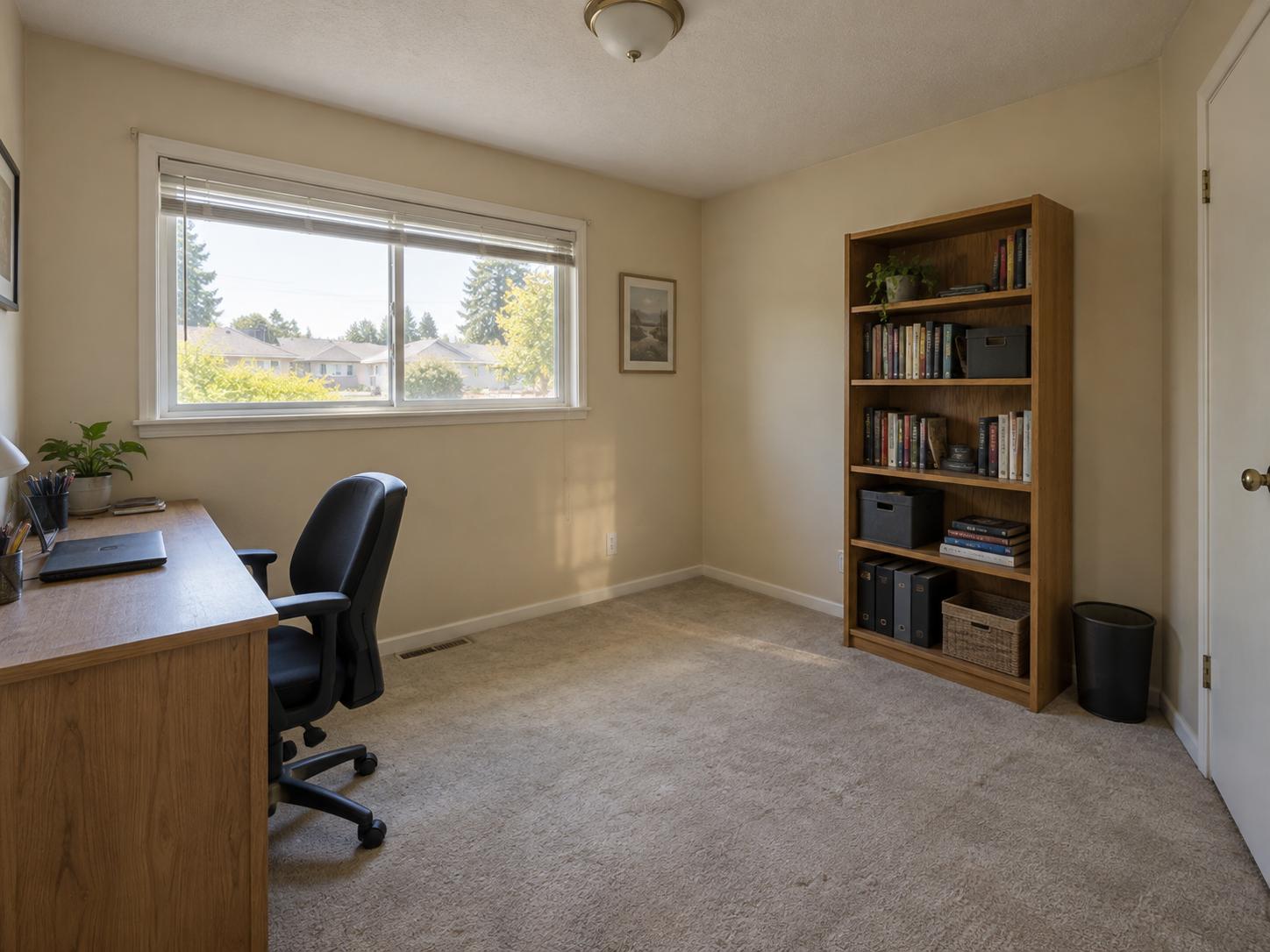 Small home office with a wood desk under a wide window, black rolling chair, tall bookcase, beige carpeting and neutral walls.