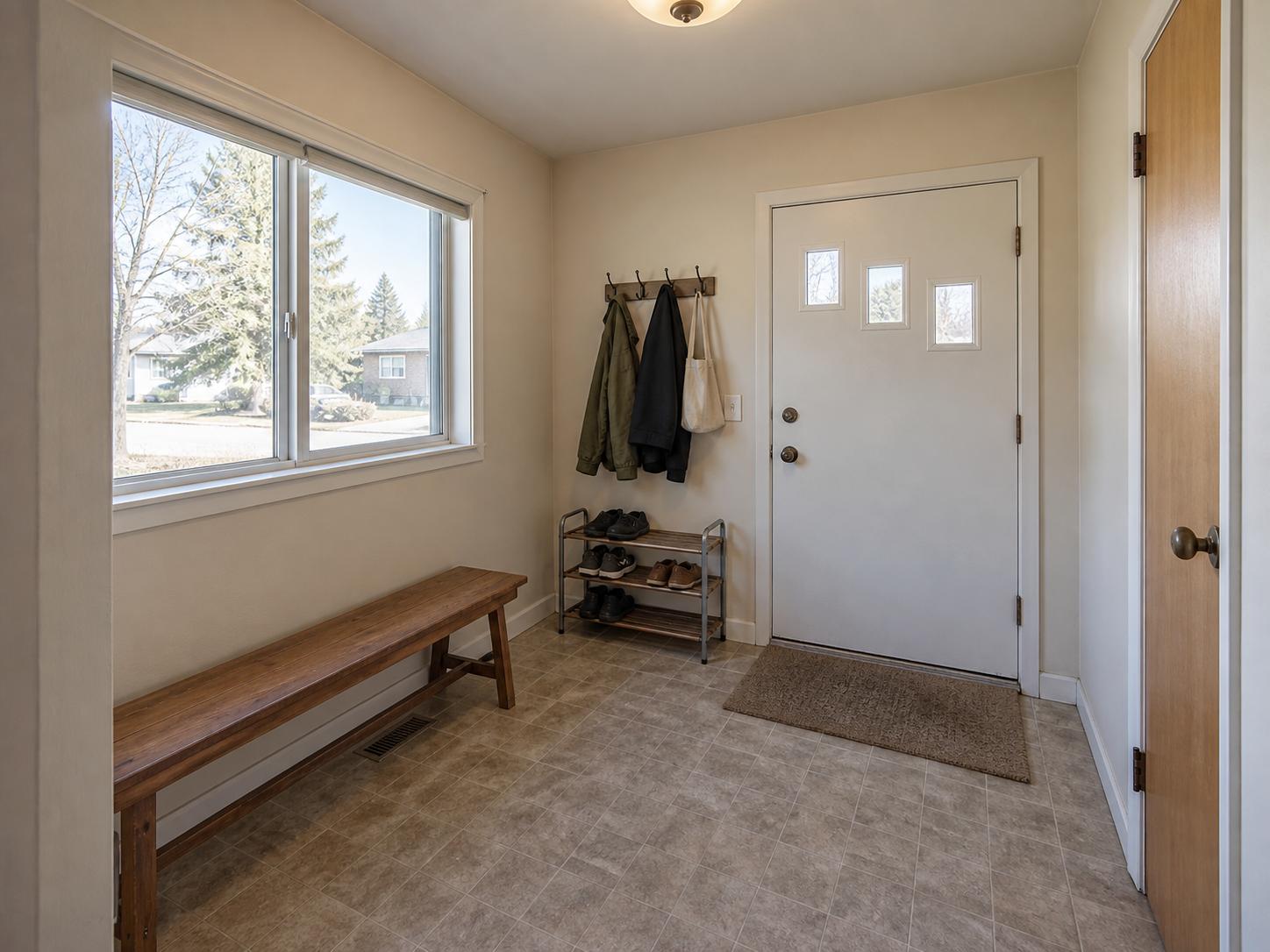 Small entryway with long wooden bench under a large window, metal shoe rack by the door and a plain flush ceiling light.