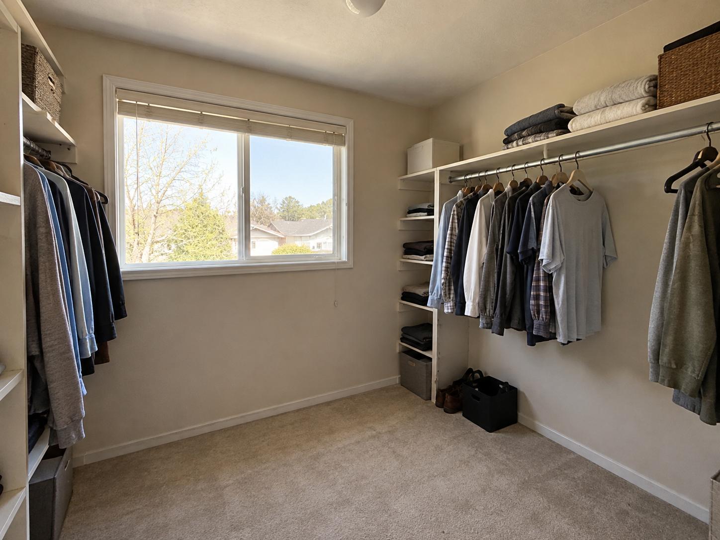 Compact walk-in closet with single window, open hanging rods, shelving and beige carpet