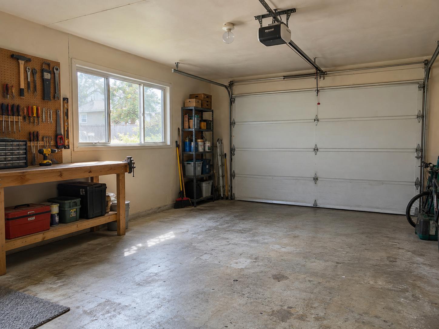Single-car garage with wooden workbench under a wide window, pegboard with tools, shelving with paint cans and bare concrete floor.