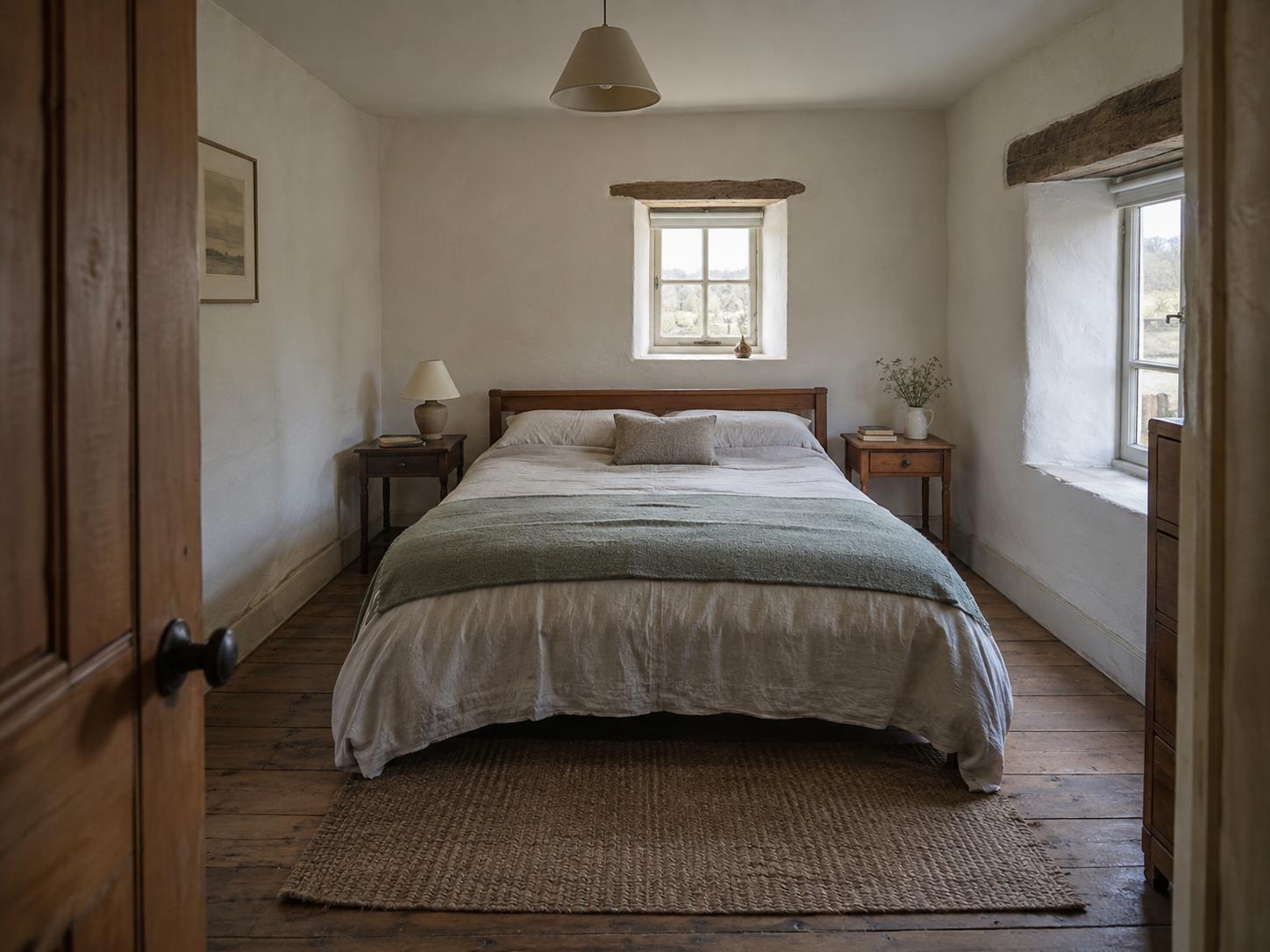 Rustic cottage bedroom with dark wood bed, small central window with timber lintel, jute rug and mismatched bedside tables.