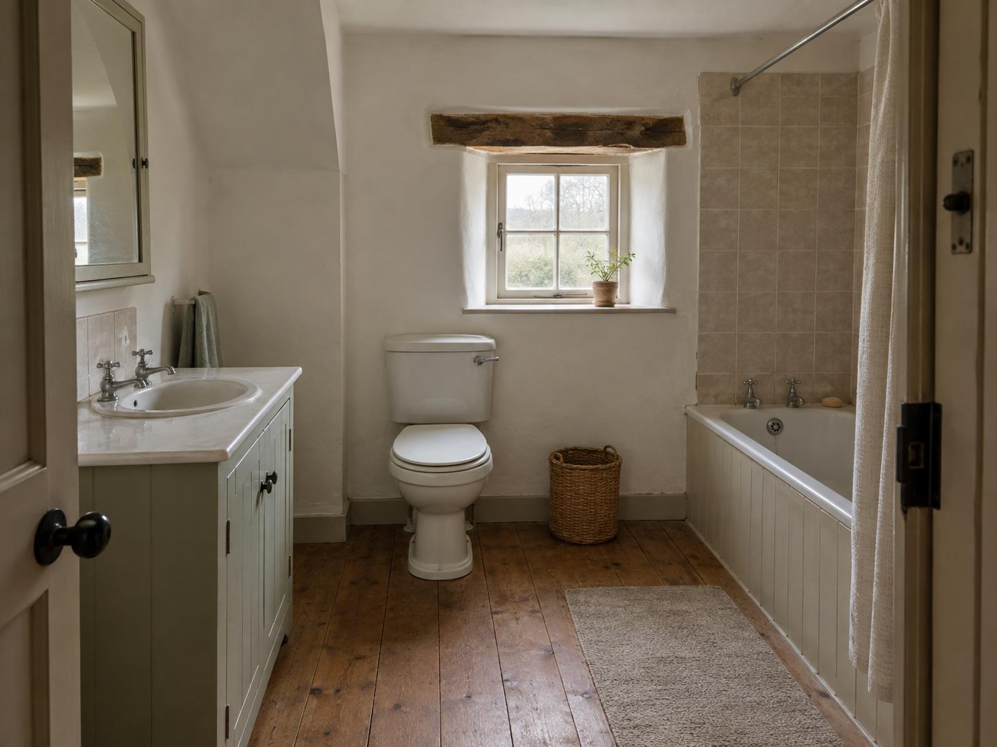 Country cottage bathroom with sage-green vanity, wooden floor, small mullioned window and bathtub with painted panel