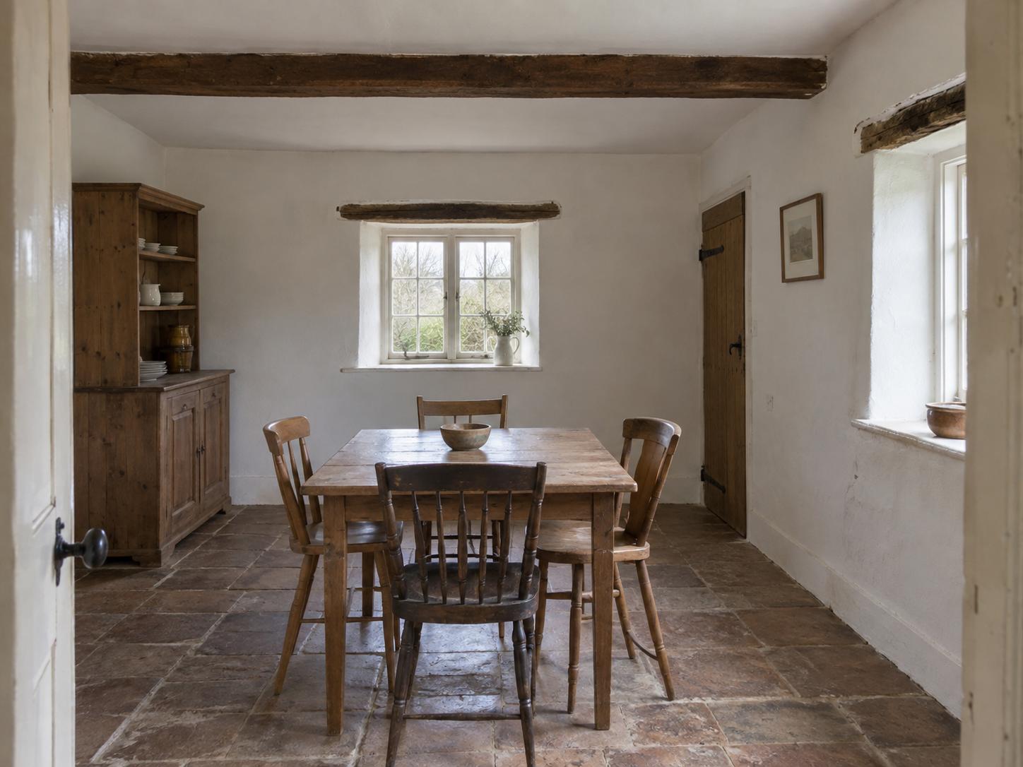 Small rural cottage dining room with wooden table, mismatched chairs, closed wooden cupboard on left, exposed ceiling beam and terracotta tile floor.