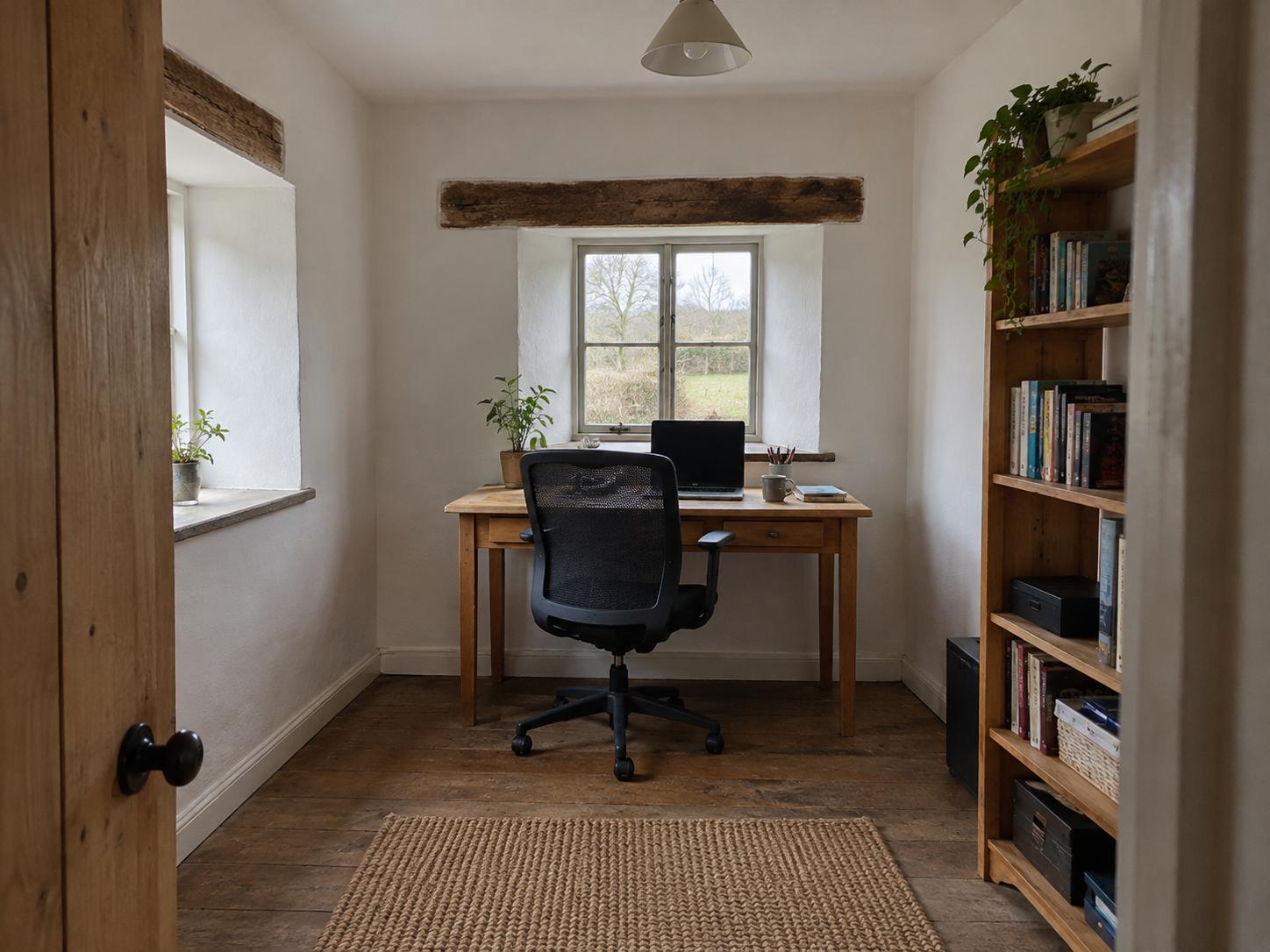 Compact cottage home-office with medium wood desk, black mesh office chair, jute rug, bookshelf filled with mixed-colour books and plants on windowsill.