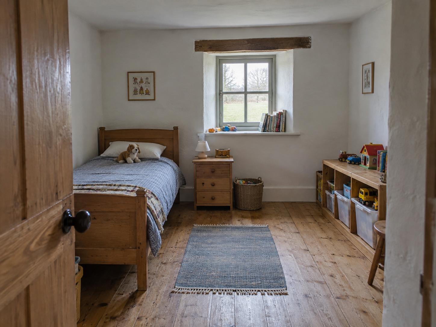 Small rustic kids-room with single wooden bed, chest of drawers under window, simple open toy shelving and bare window ledge