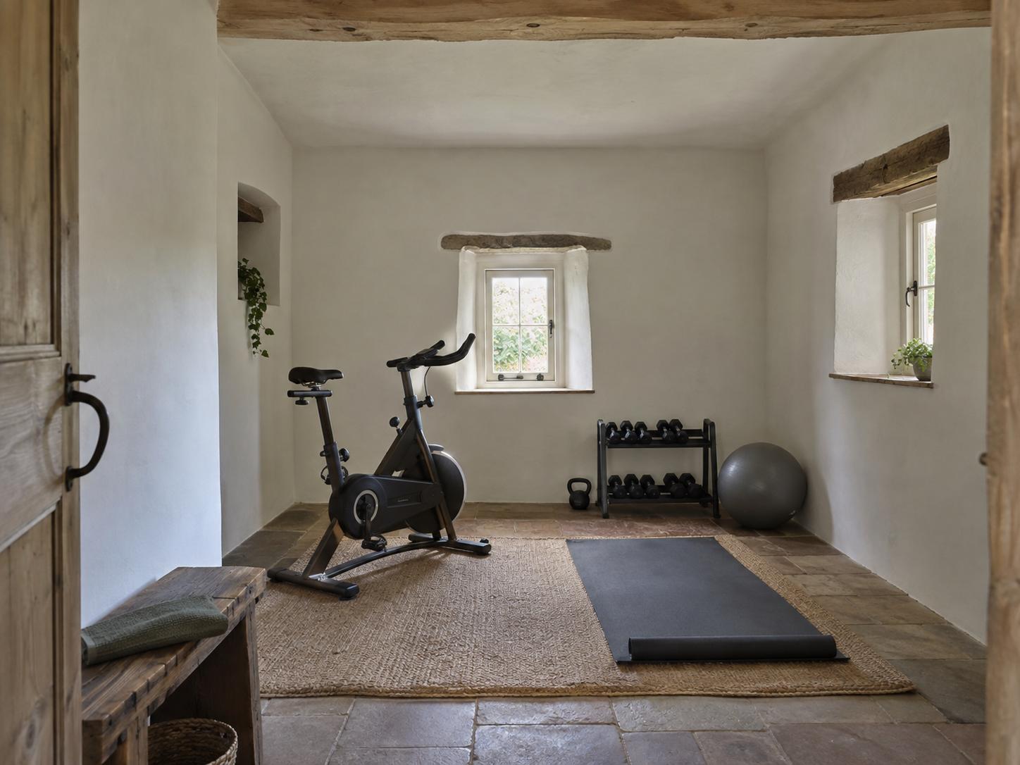 Simple rural cottage home-gym with stationary bike, black mat, dumbbells and gray exercise ball under a small mullioned window