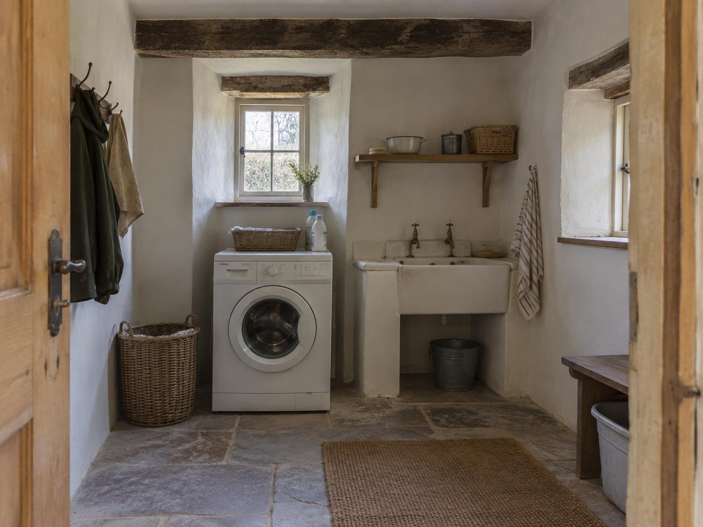 Compact rural laundry with front-load washer under a small window, ceramic sink with twin taps, exposed timber beams and stone tile floor.