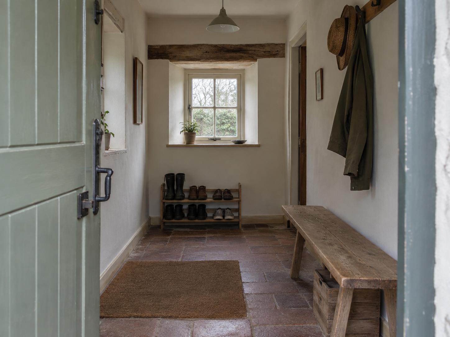 Narrow cottage entryway with open green door, wooden bench, small shoe rack under window and coarse brown doormat on terracotta tiles