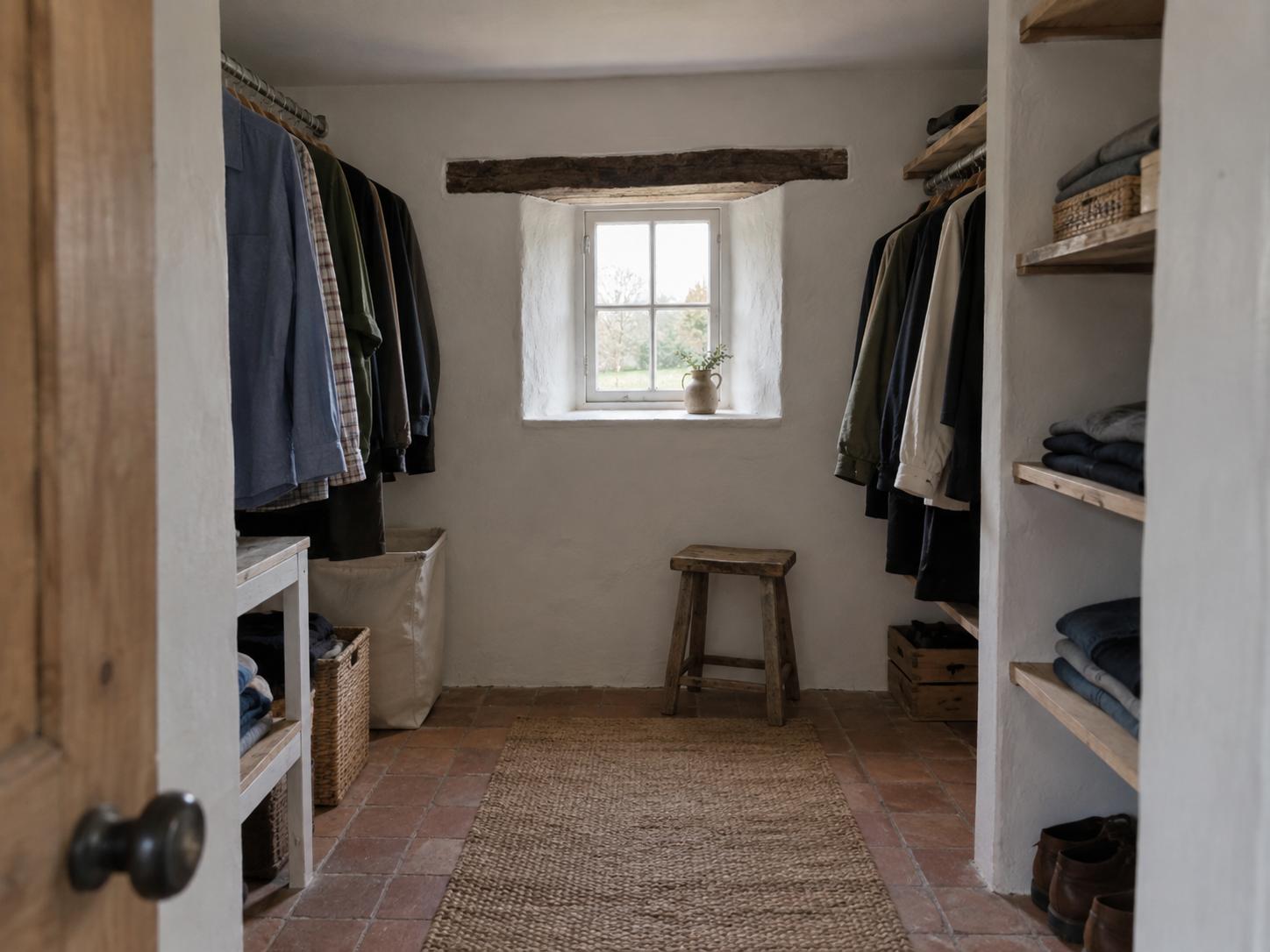 Small rural walk-in closet with hanging clothes on left and right, woven runner, wooden stool under window and exposed timber beam
