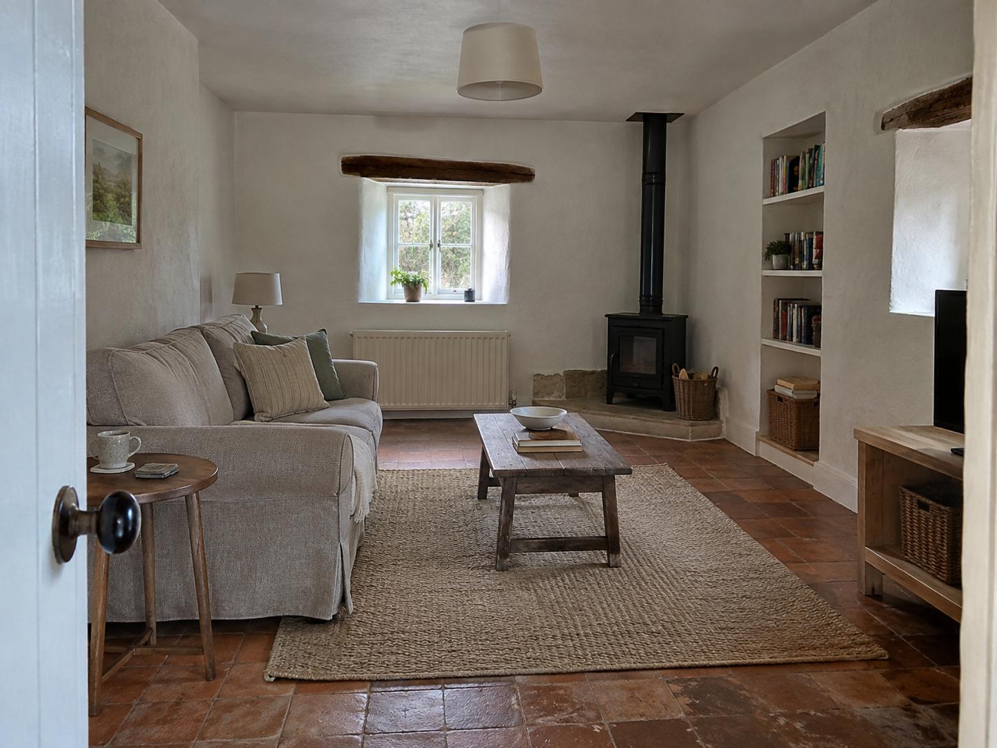 Rural cottage sitting room with beige slipcovered sofa, small window with exposed beam, wood-burning stove and open bookshelf recess.