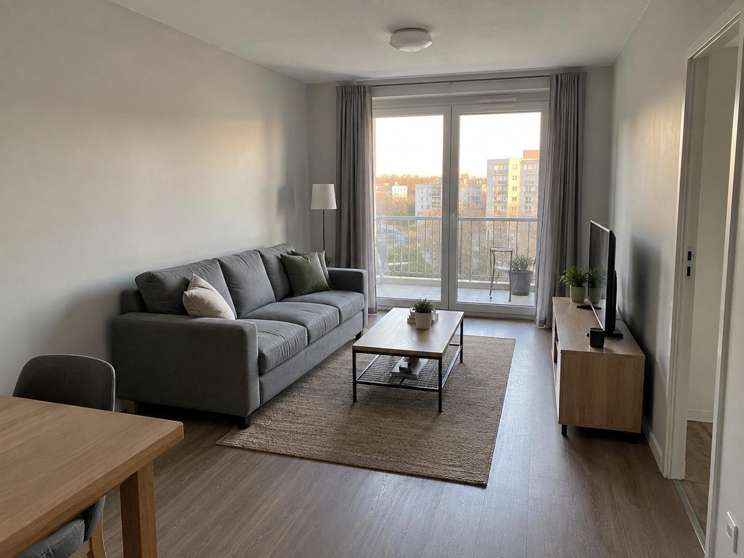 Compact living-room with grey sofa, jute rug, low wood TV console and balcony doors with grey curtains.