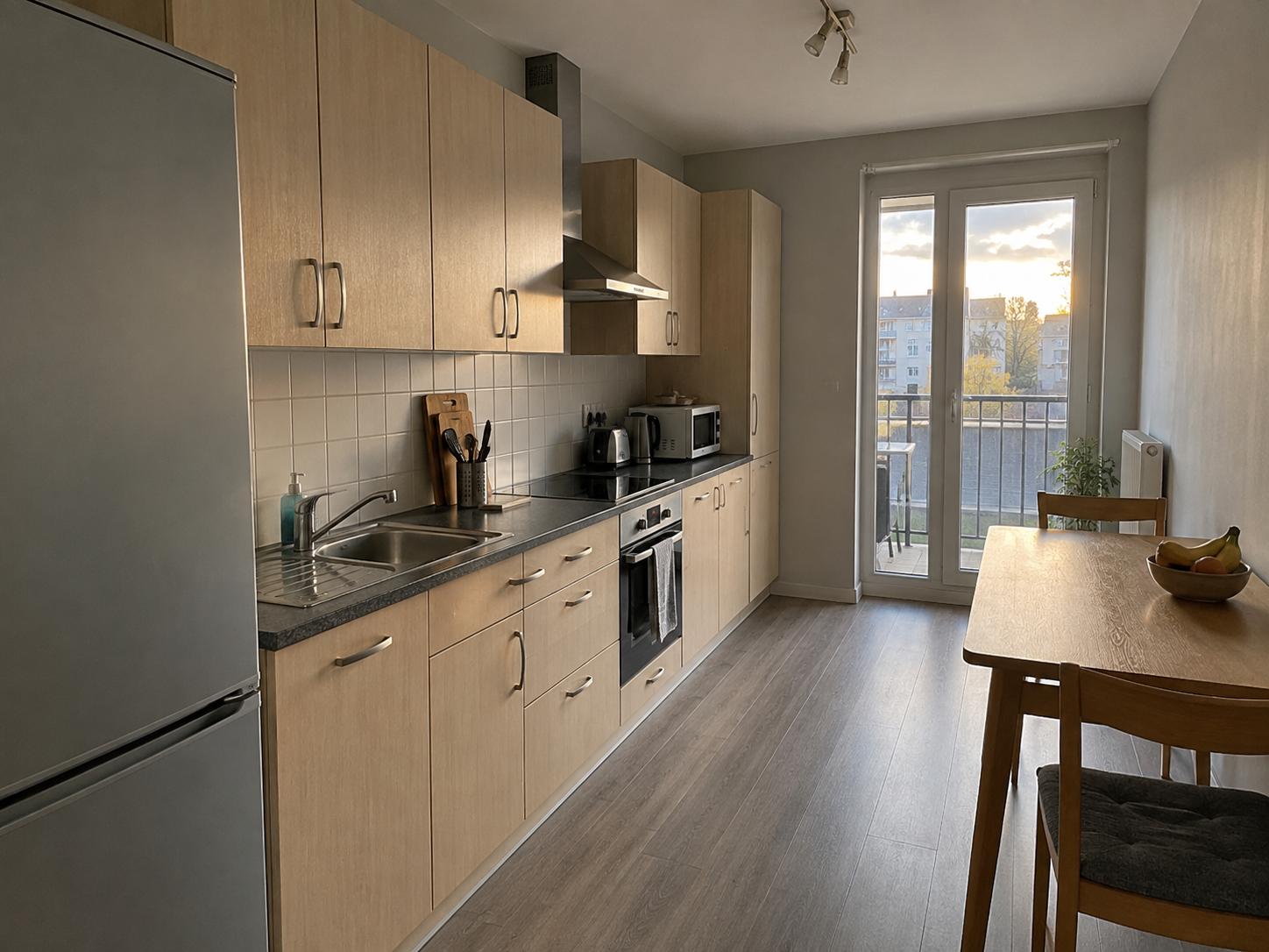 Compact kitchen with light wood flat-front cabinets, dark countertop, square white tile backsplash and table by glass door.