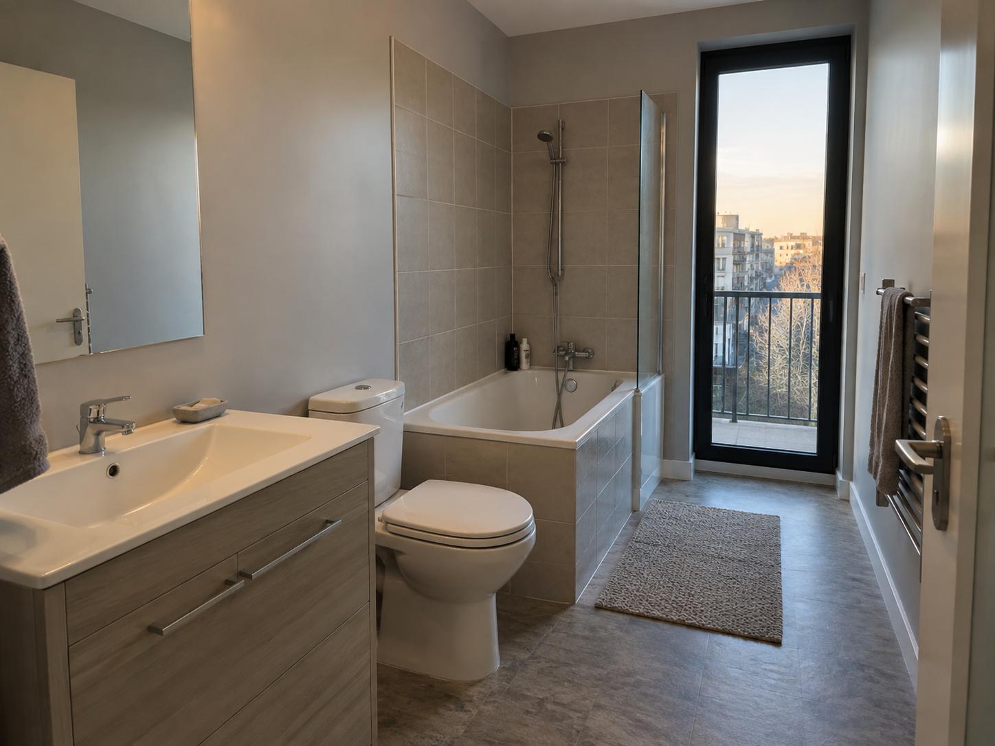 Apartment bathroom with light wood vanity, chrome faucet, bathtub with tiled surround and black-framed balcony door.