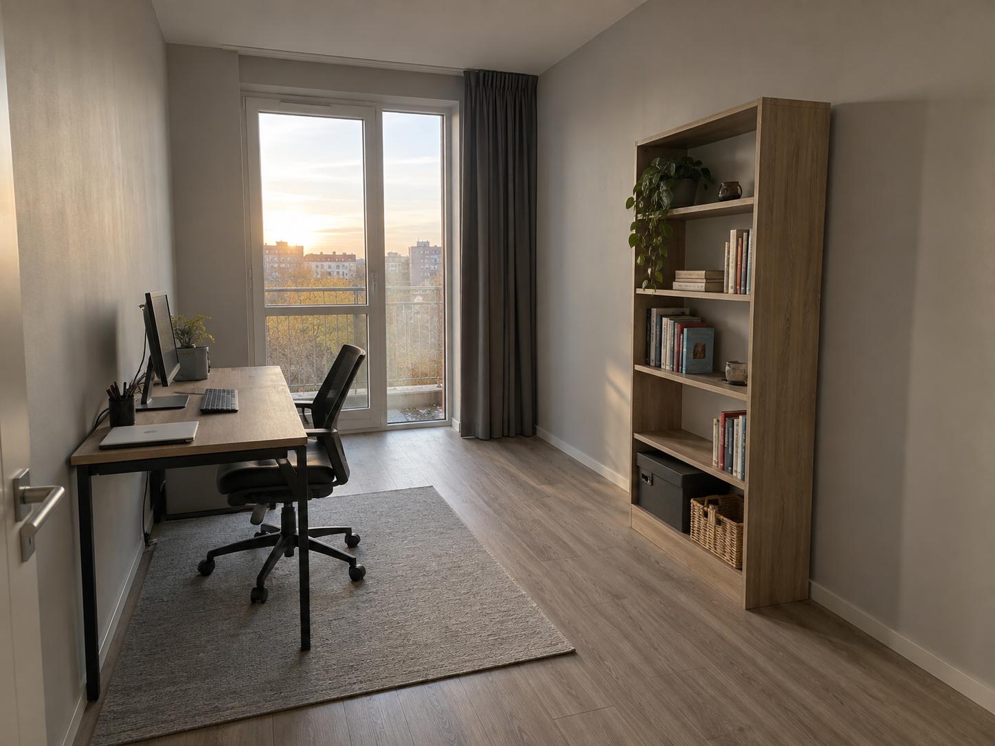 Narrow sunlit apartment home office with simple desk, mesh office chair, rug and freestanding wood bookshelf near balcony doors.
