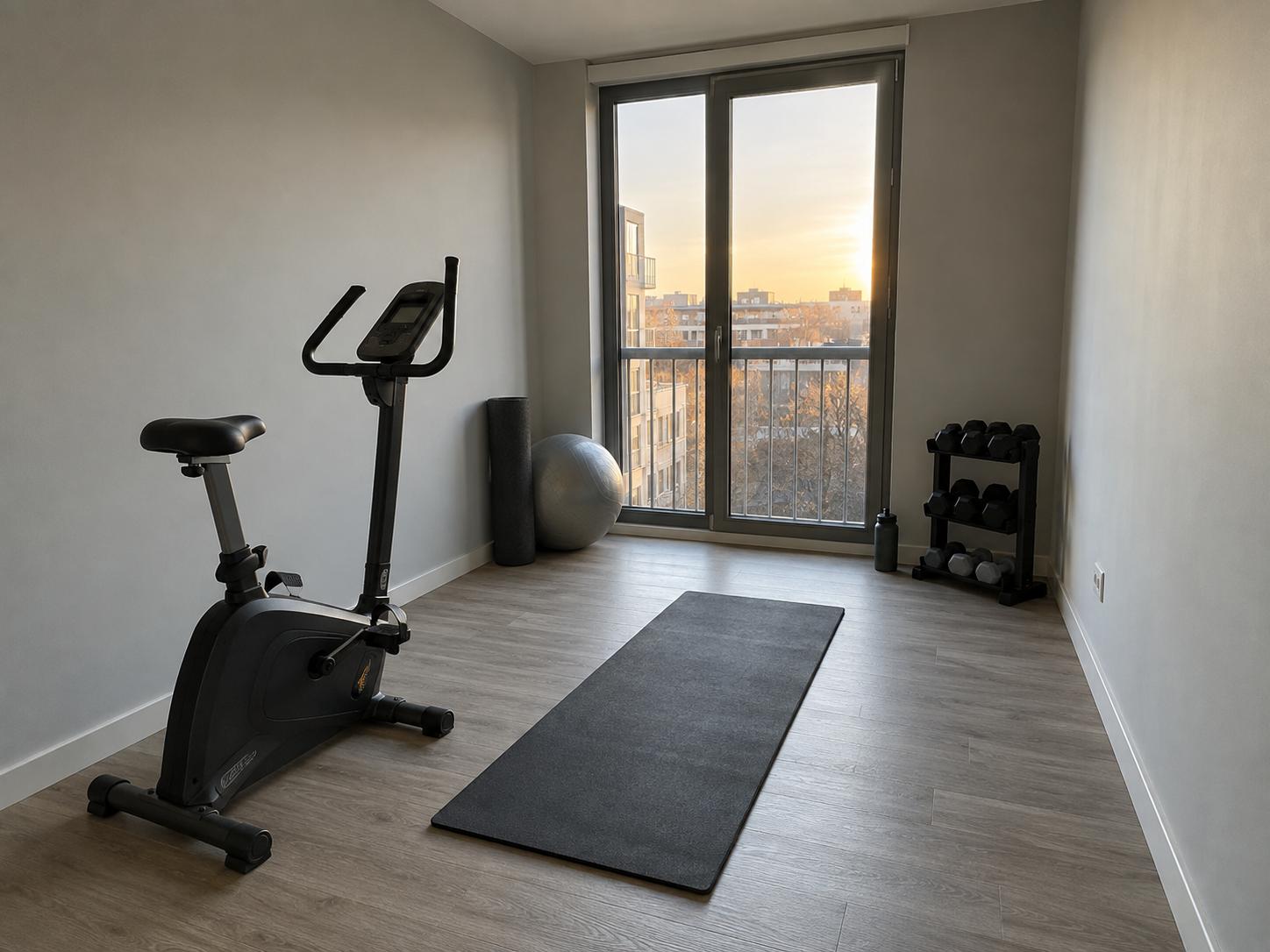 Small apartment home-gym with stationary bike, exercise mat, stability ball and small dumbbell rack by a large window.