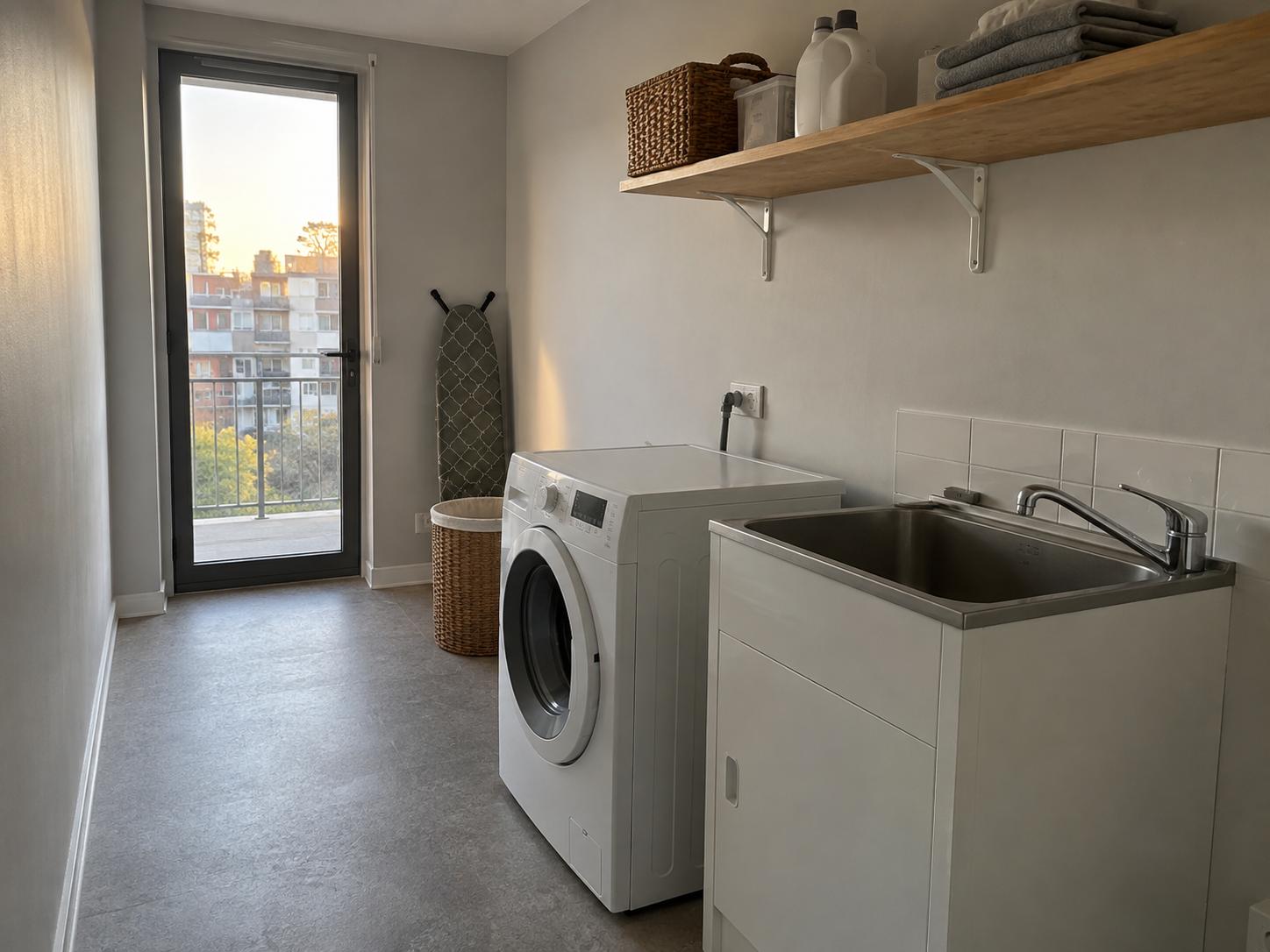 Narrow laundry room with freestanding front-load washer, basic sink cabinet, open wood shelf and glass door at the end.