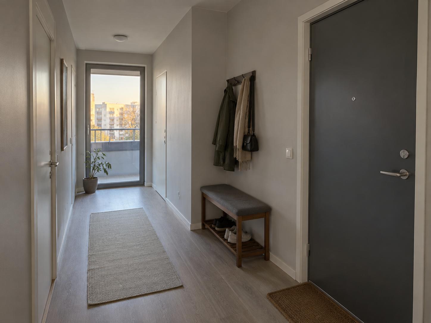 Long narrow apartment entryway with plain light walls, simple wooden bench with grey cushion, slim natural runner and potted plant by glass door.