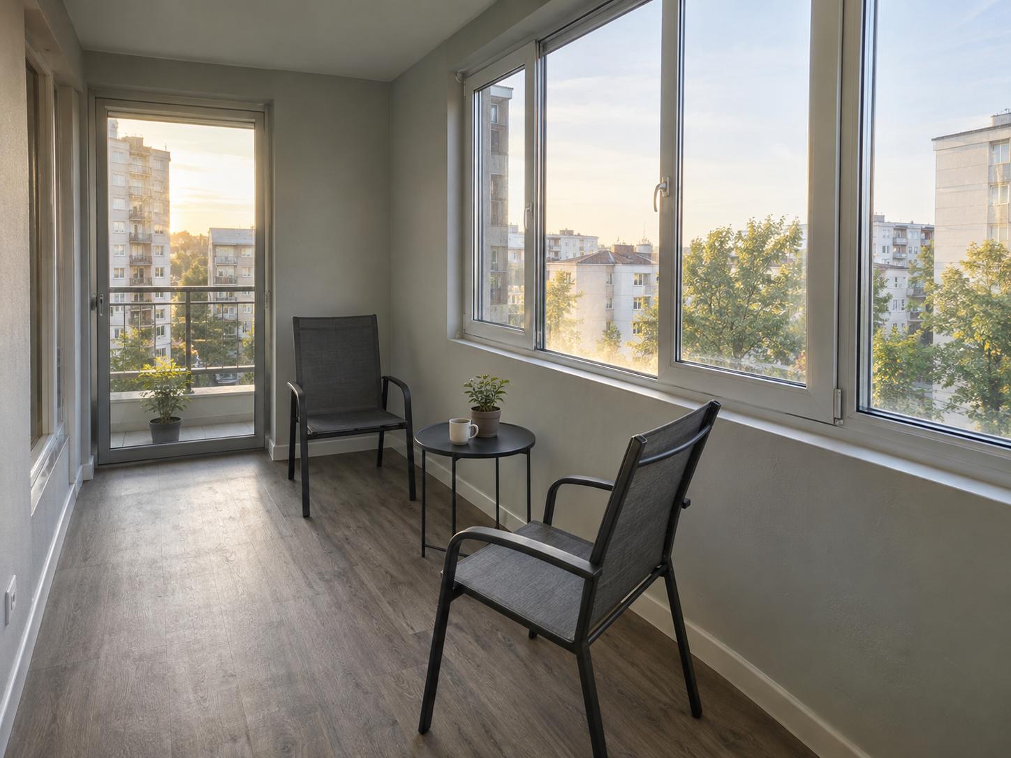 Narrow sunroom with two metal-framed chairs, small round table, pale flooring and large windows with balcony door at the far end